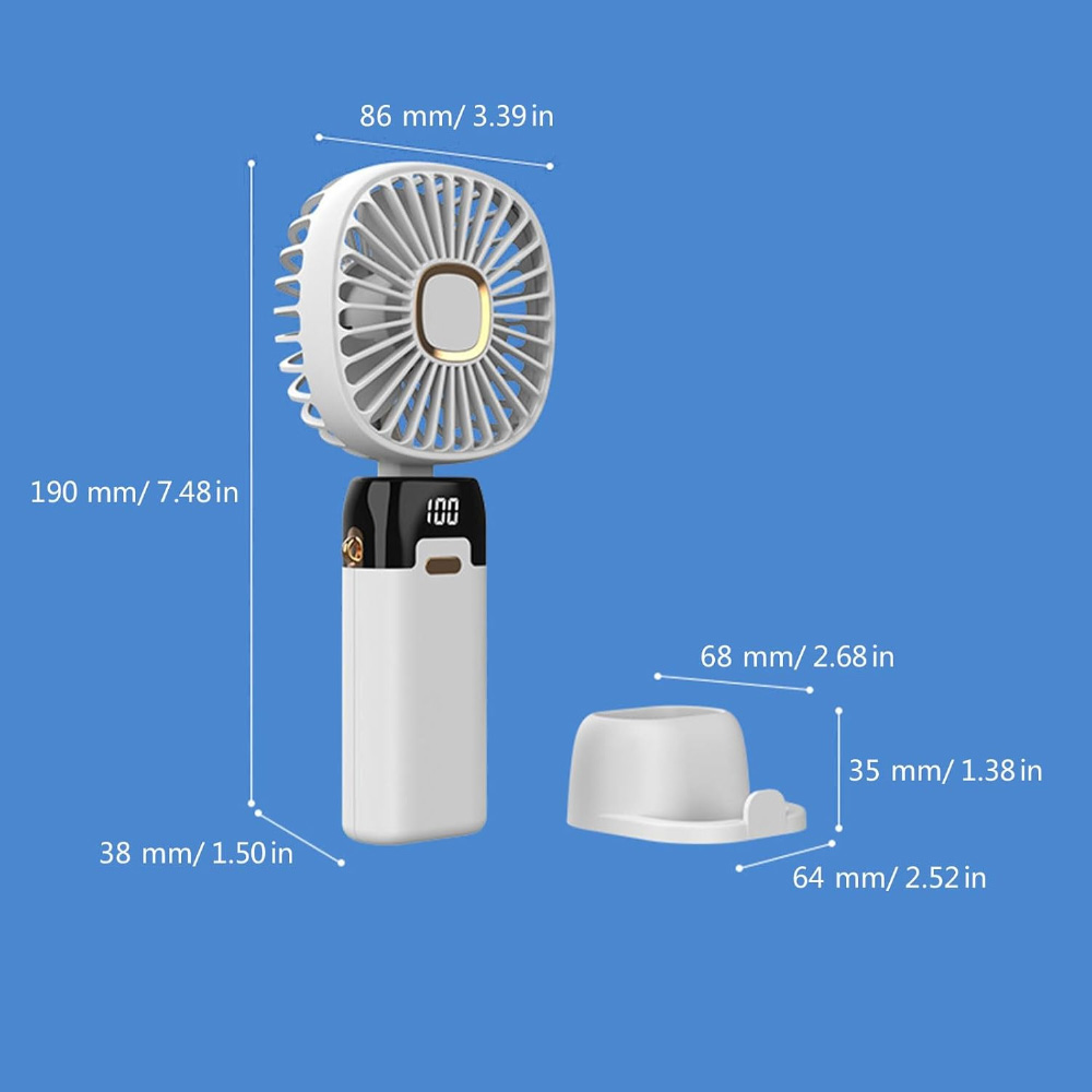 Weißer Handventilator mit Maßen, die die Abmessungen angeben, einschließlich Höhe, Breite und Tiefe in Millimetern und Zoll.