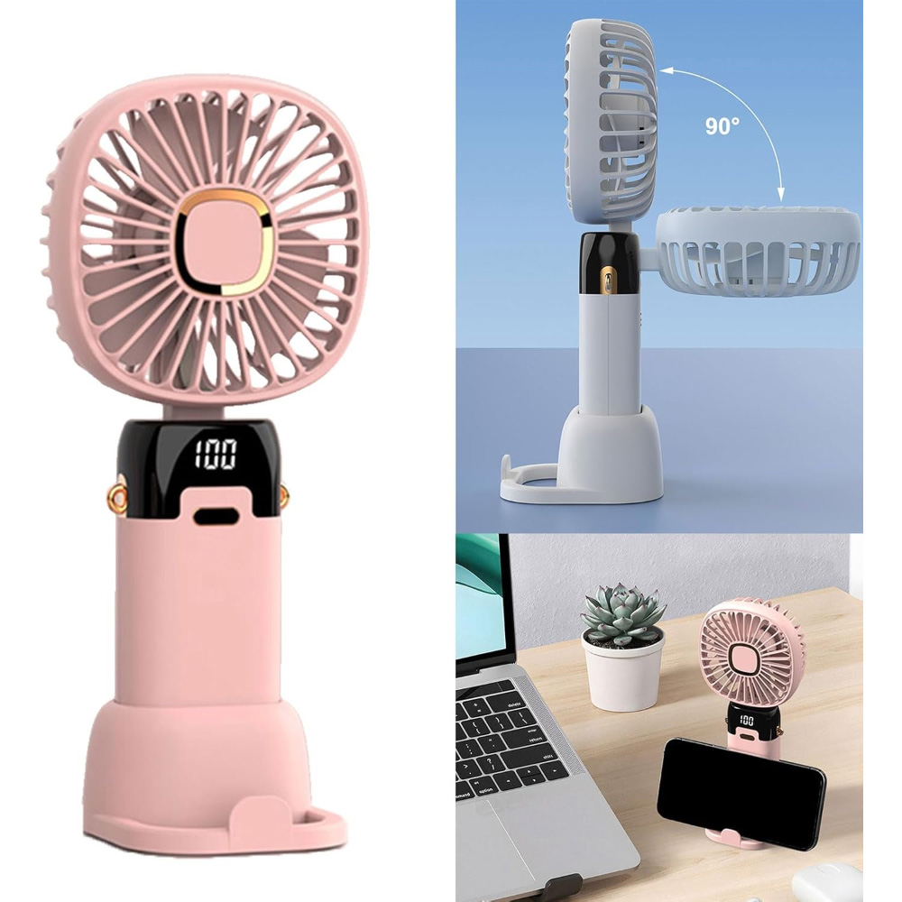 Rosa tragbarer Ventilator mit digitaler Anzeige, 90-Grad-Drehung, neben einem Laptop, der Vielseitigkeit und Nutzung zeigt.
