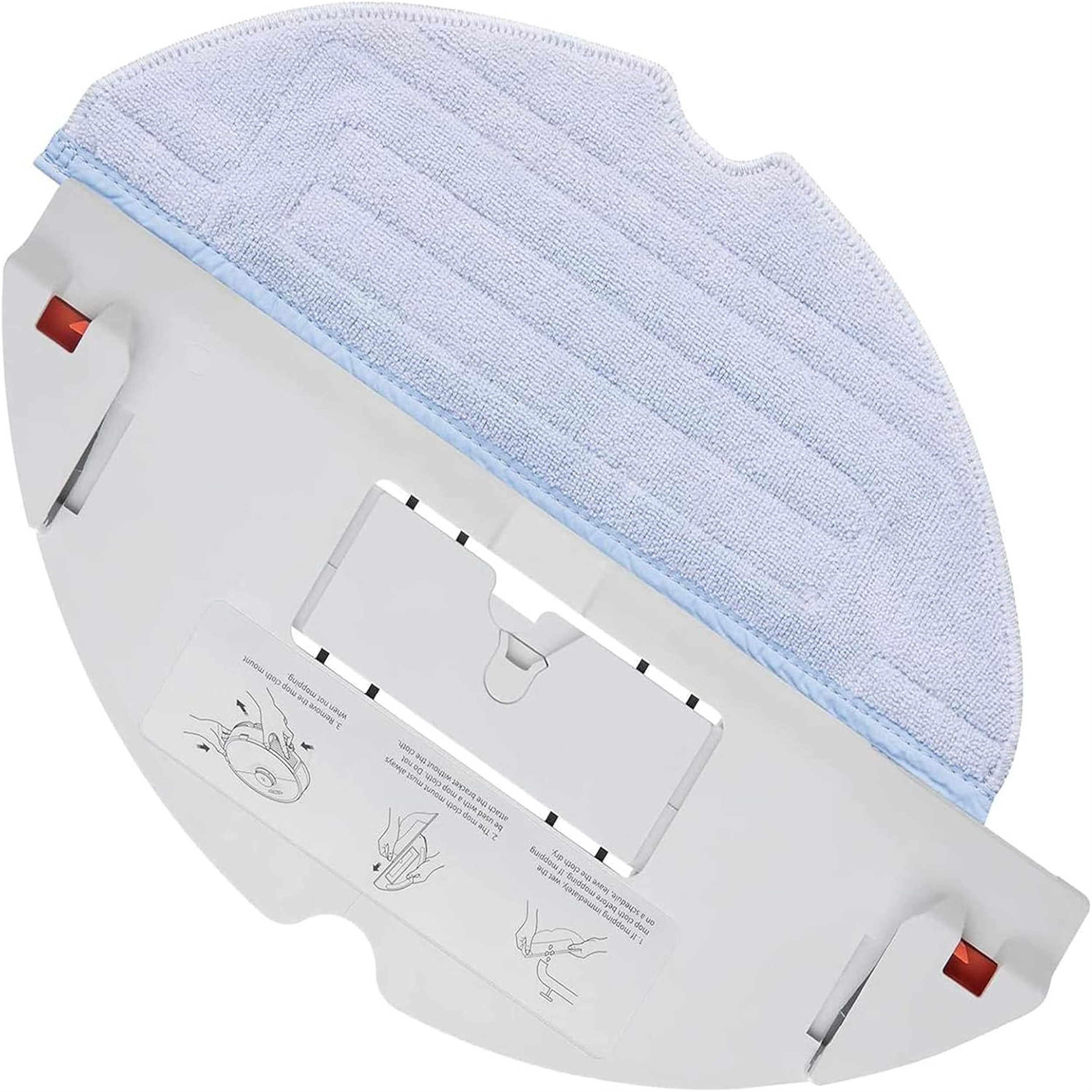 Das Mopppad des Roboterstaubsaugers ist mit roten Clips an der weißen Moppbasis befestigt.