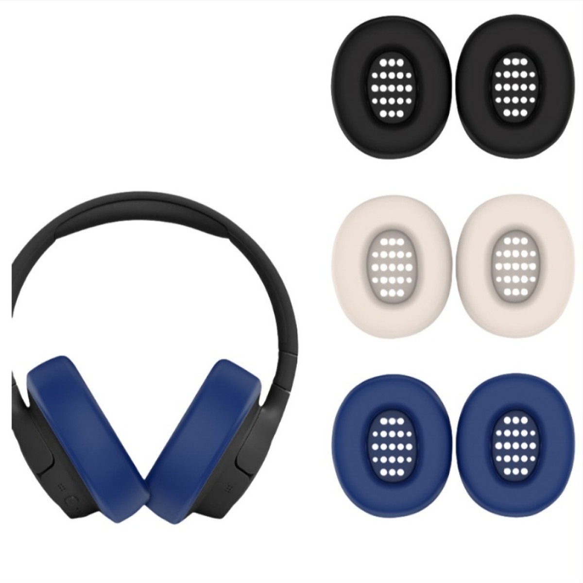Cuffie con paraorecchie blu, insieme a paraorecchie extra in nero, bianco e blu, il tutto su sfondo bianco.