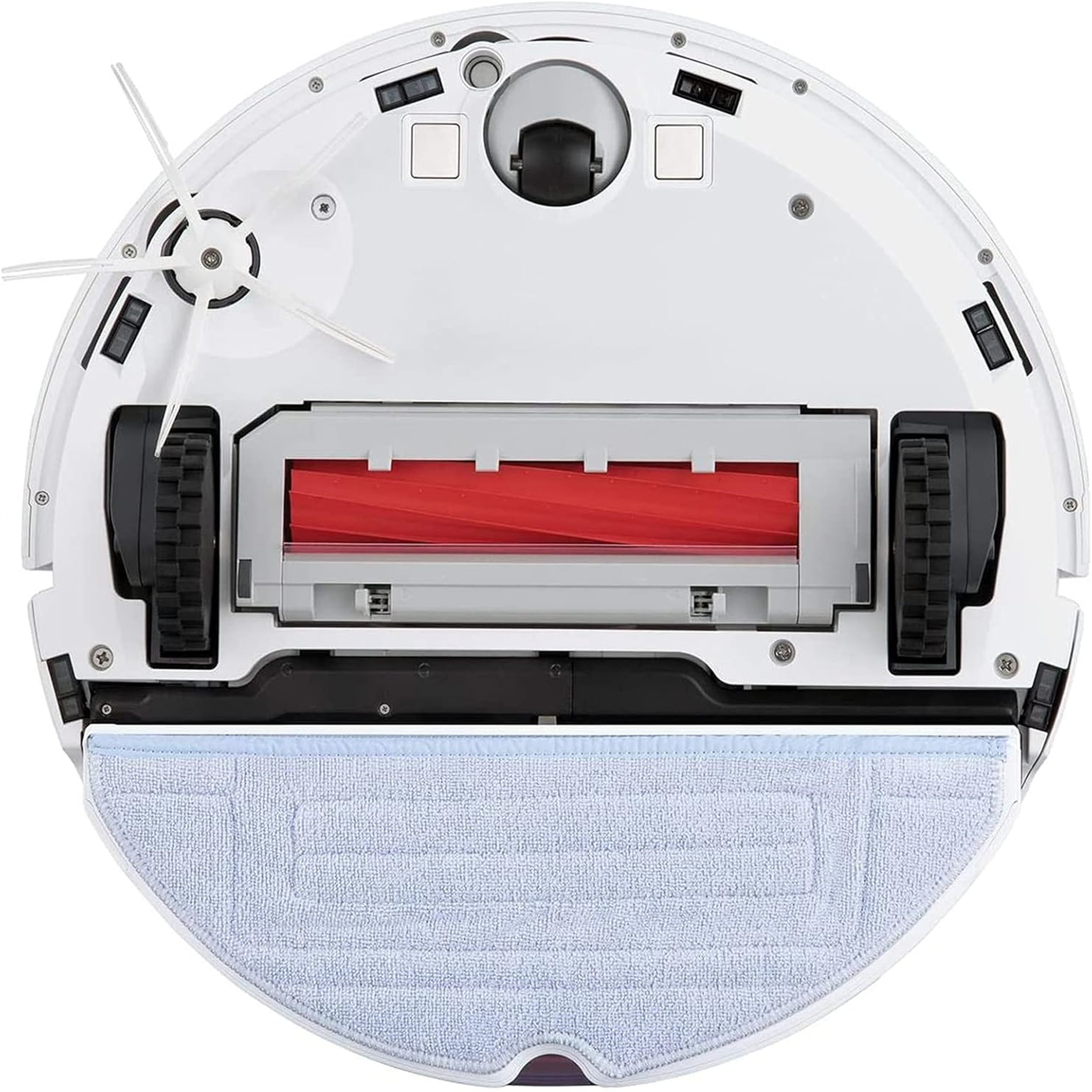Ein weißer Staubsaugerroboter mit roter Bürste und blauem Wischpad, von unten gesehen, auf weißem Hintergrund.