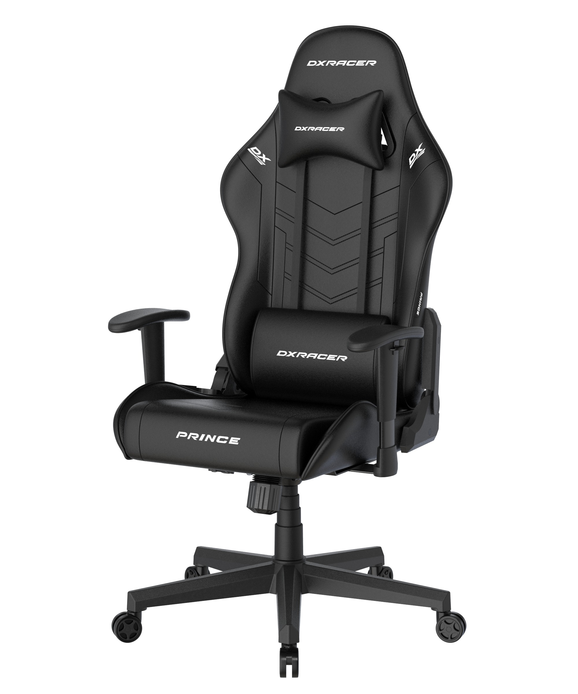 Schwarzer Gaming-Stuhl. 'DXRacer'-Logo auf Kopfstütze und Rücken. 'PRINCE' auf dem Sitz. Armlehnen vorhanden.
