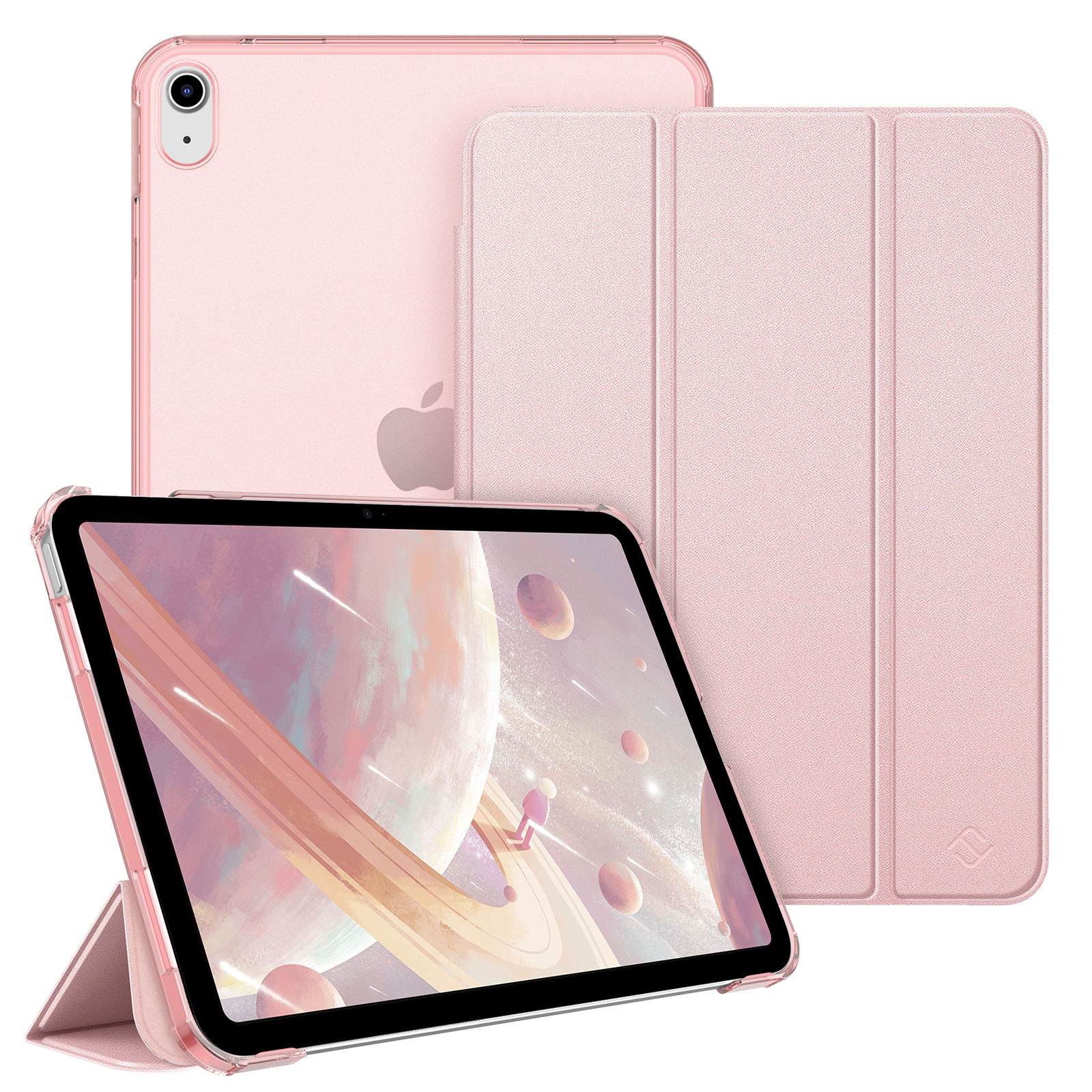 Rosa iPad mit Hülle und Ständer. Apple-Logo sichtbar. Zwei weitere Hüllen werden gezeigt.