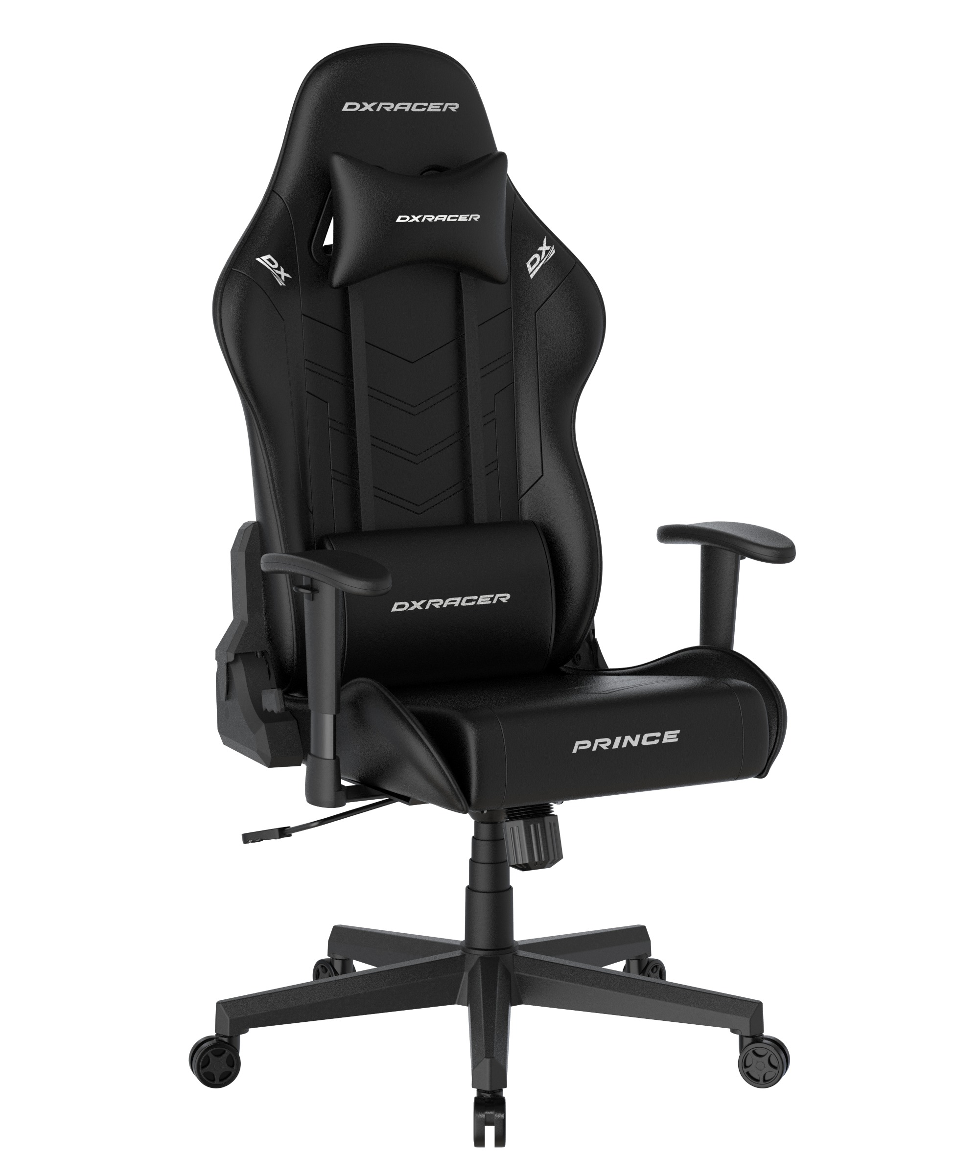 Schwarzer Gaming-Stuhl mit 'DXRacer'- und 'PRINCE'-Logos. Schwarze Basis mit Rädern. Armlehnen vorhanden.