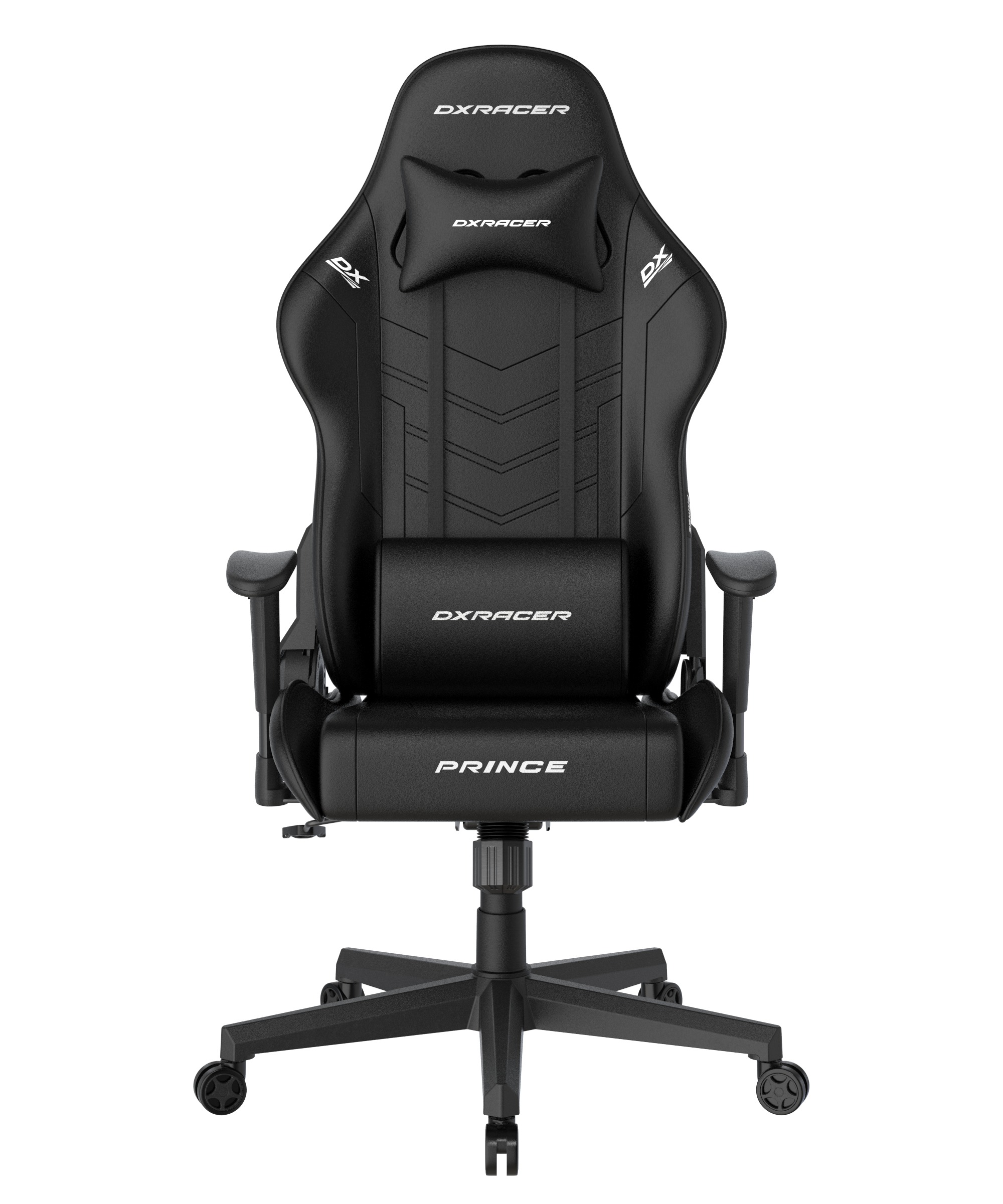 Schwarzer Gaming-Stuhl mit 'DXRacer'- und 'PRINCE'-Logos. Der Stuhl ist nach vorne gerichtet.