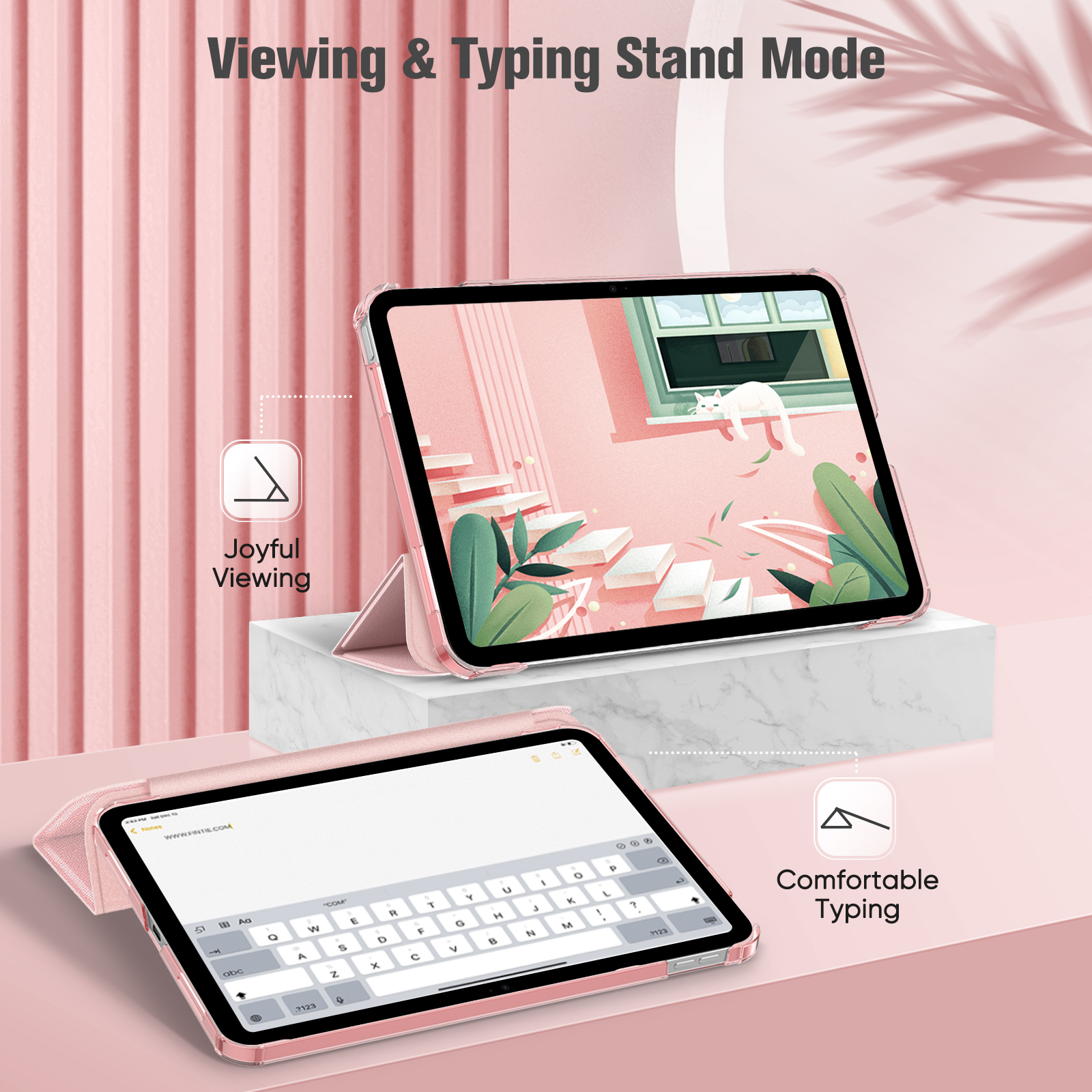 Rosa iPad in Hülle, Tastatur auf dem Bildschirm. iPad steht. Text 'Viewing & Typing Stand Mode'.