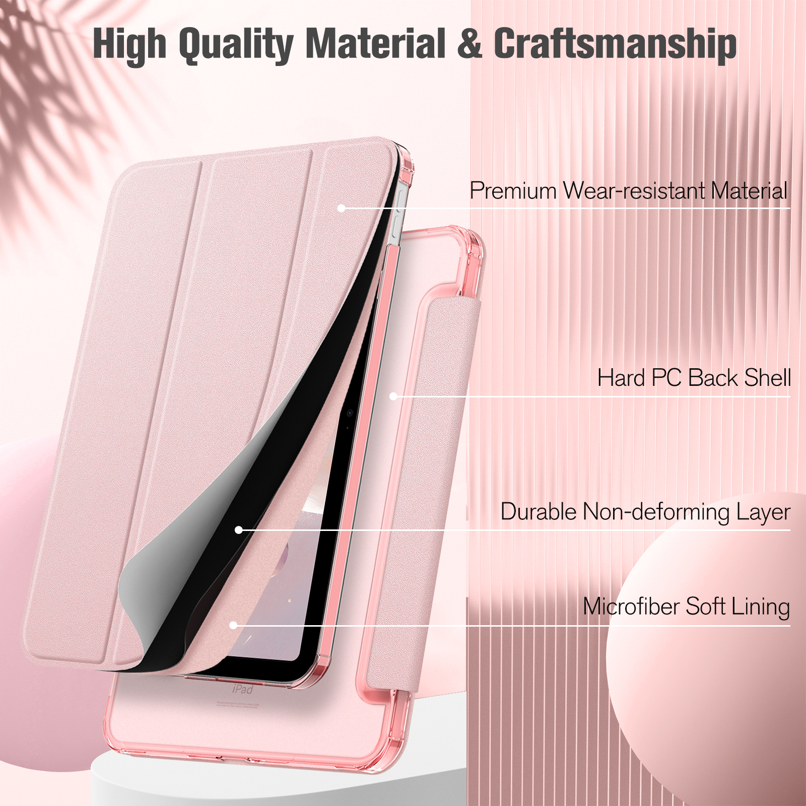 Rosa iPad-Hülle, geöffnet, um die Schichten zu zeigen. 'Premium Wear-resistant Material' und 'Microfiber Soft Lining'.