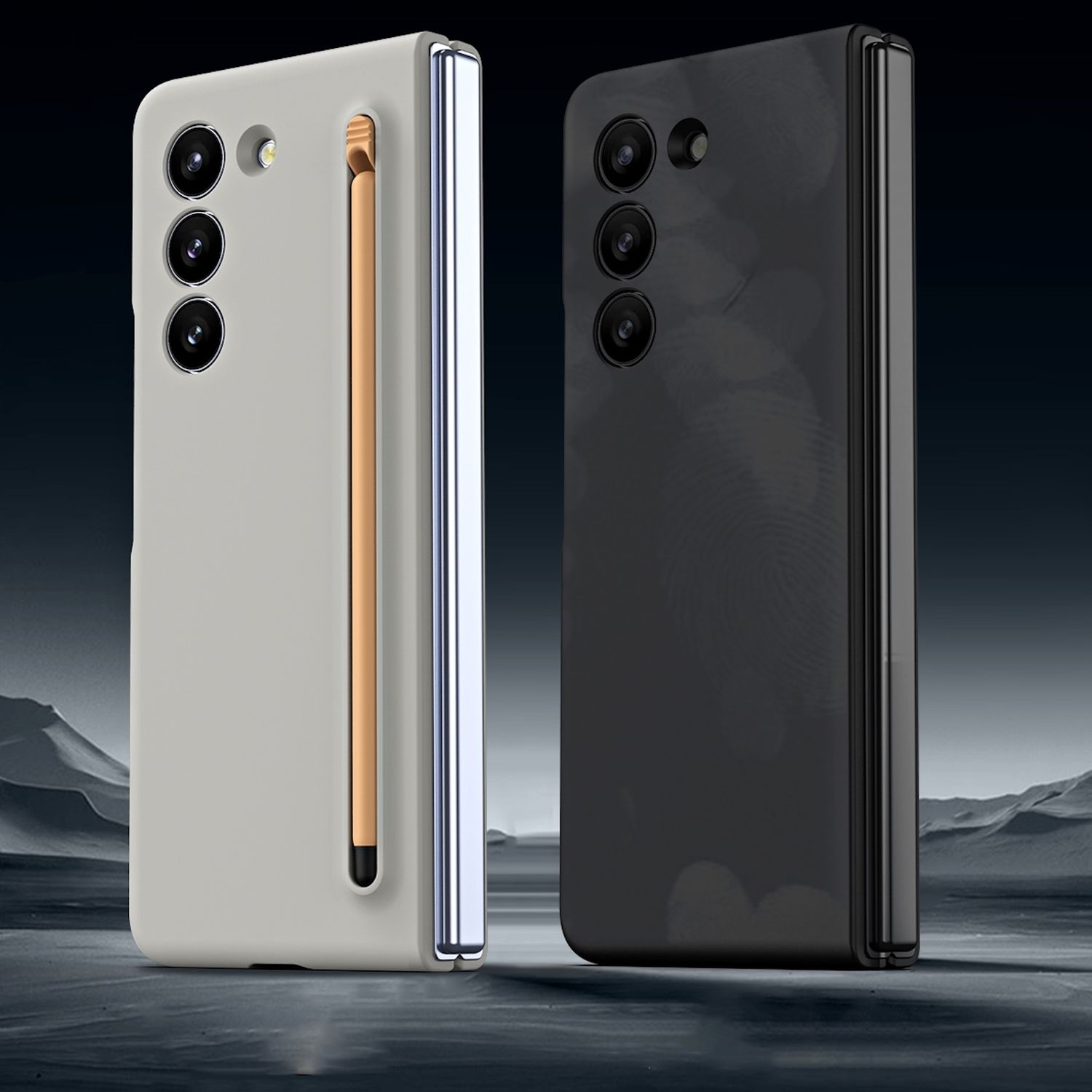 Teléfonos plegables en fundas. Uno gris, uno negro. Ambos tienen tres cámaras. Ranura para lápiz visible.