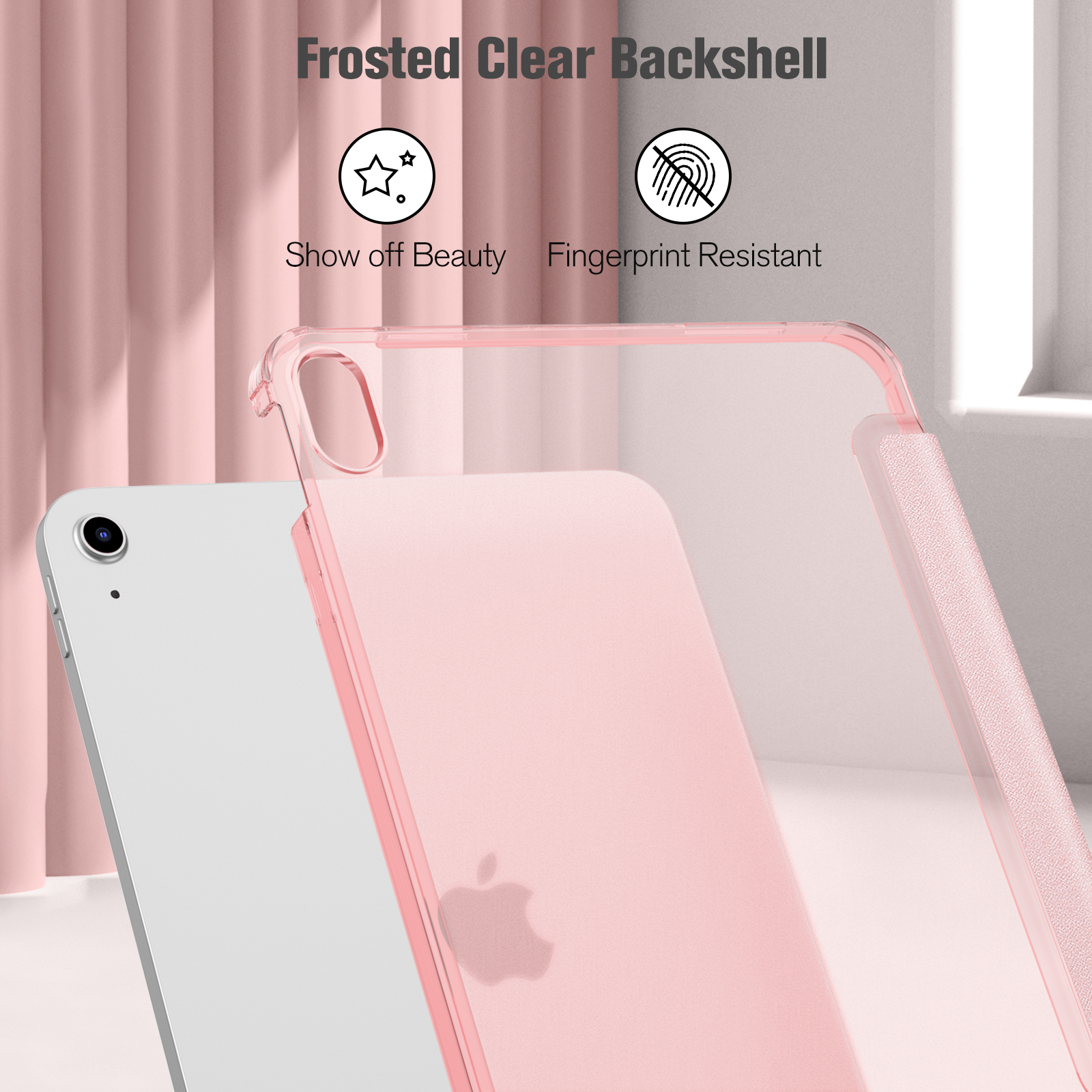 Rosa iPad mit durchsichtiger Hülle. Apple-Logo sichtbar. Text: 'Frosted Clear Backshell'.