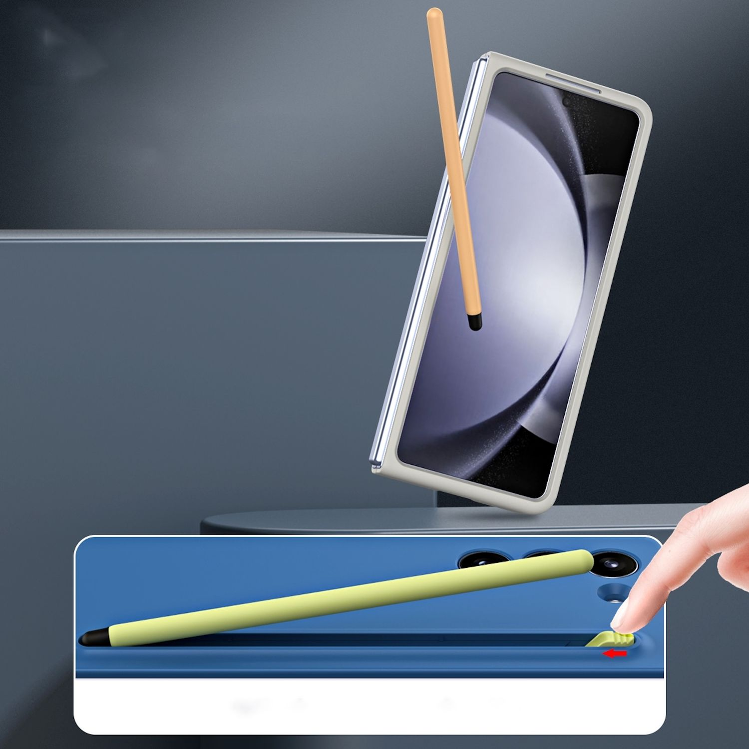 Teléfono plegable con lápiz óptico. Se está sacando el lápiz óptico de la funda. Esquema de color azul y amarillo.