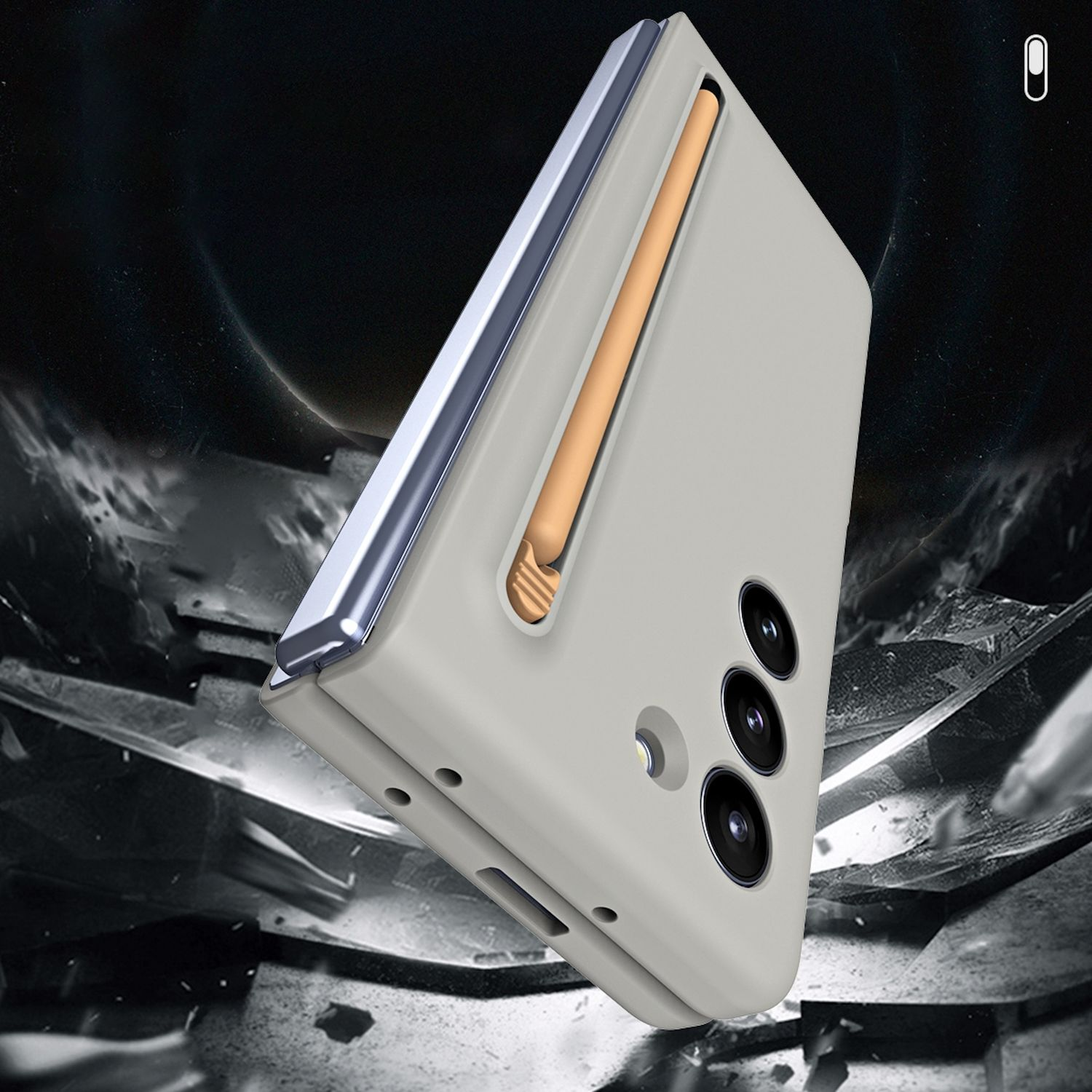 Funda gris para teléfono con lápiz, fondo oscuro abstracto.