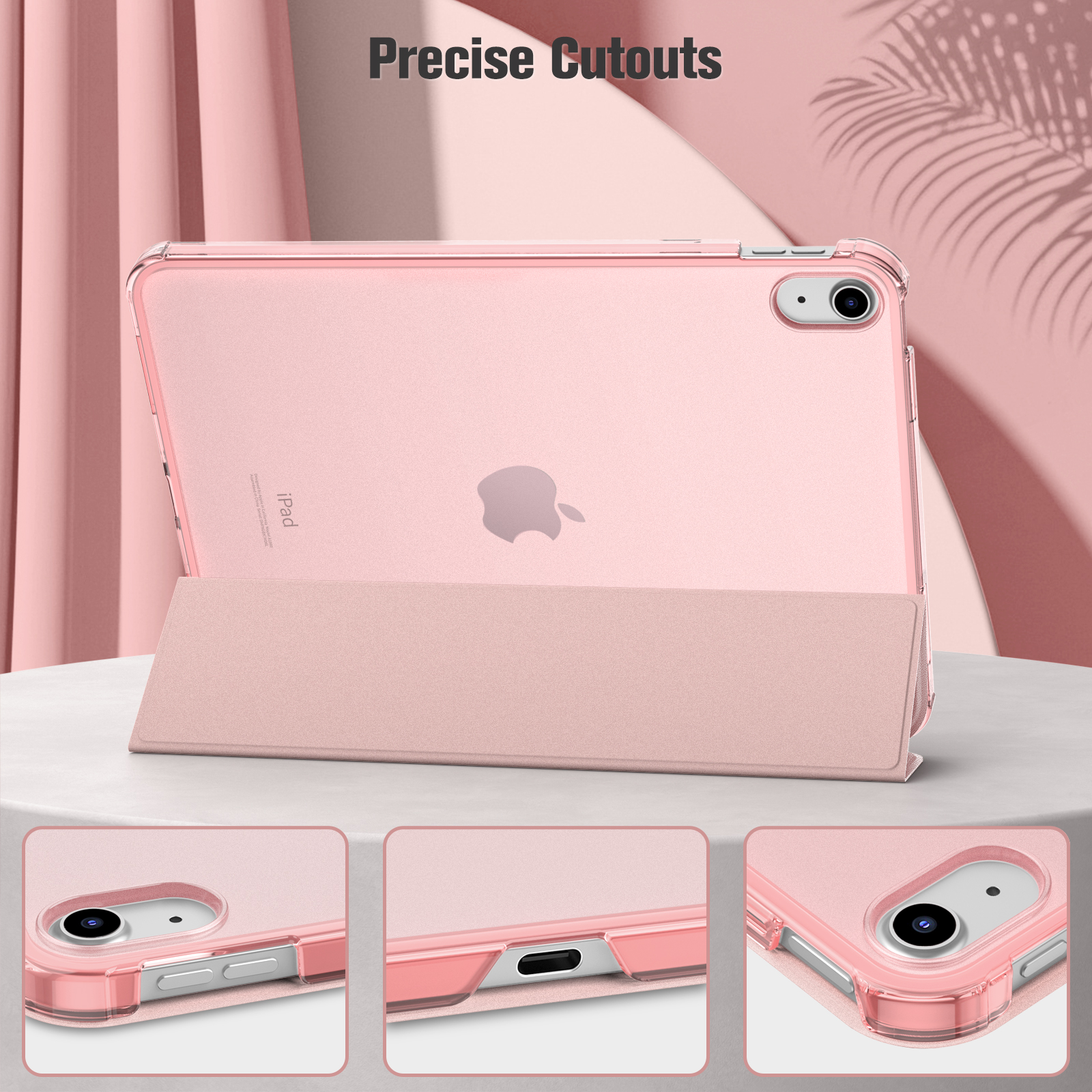 Rosa iPad-Hülle mit Ständer, präzisen Aussparungen, transparent.