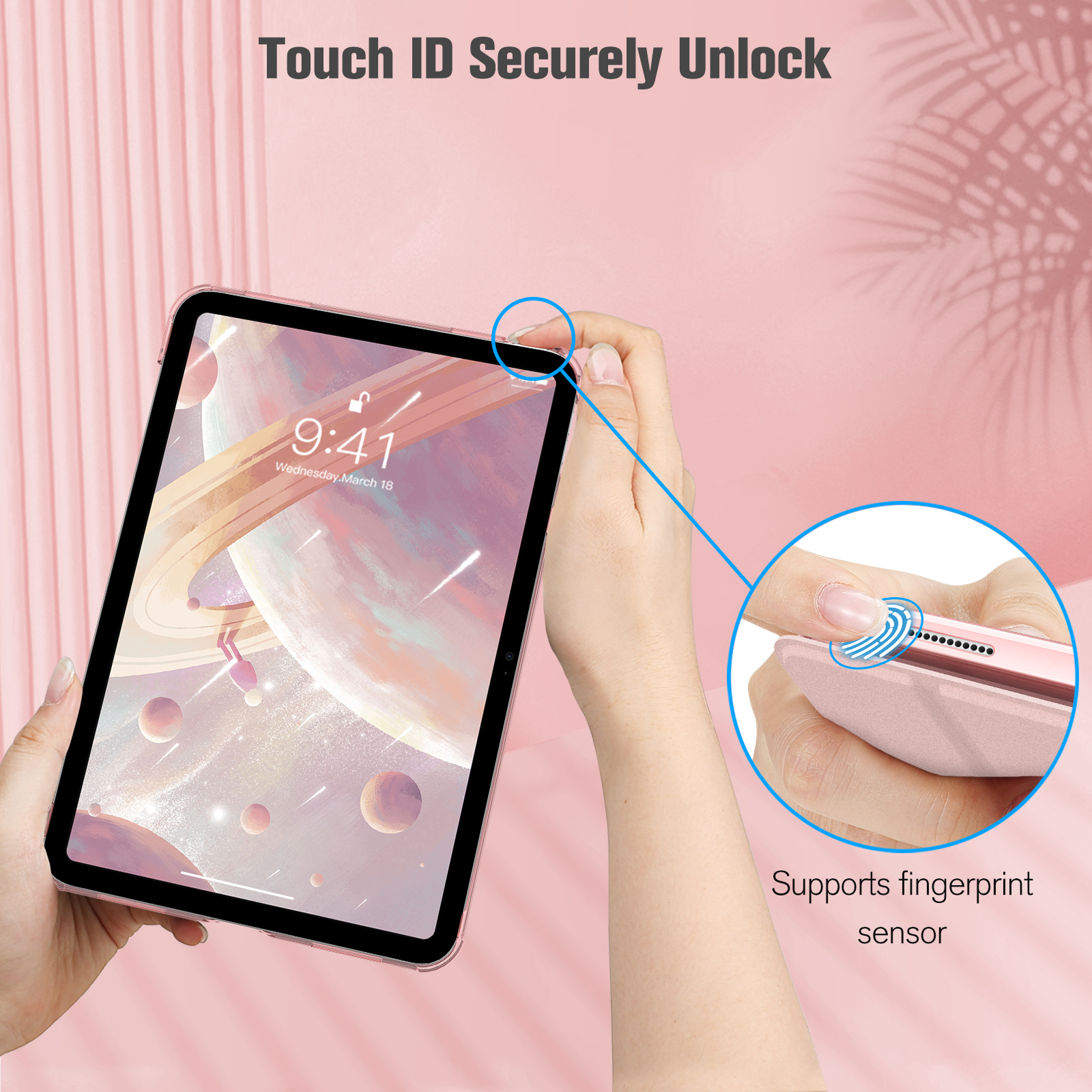 Person hält rosa iPad, demonstriert Fingerabdrucksensor.
