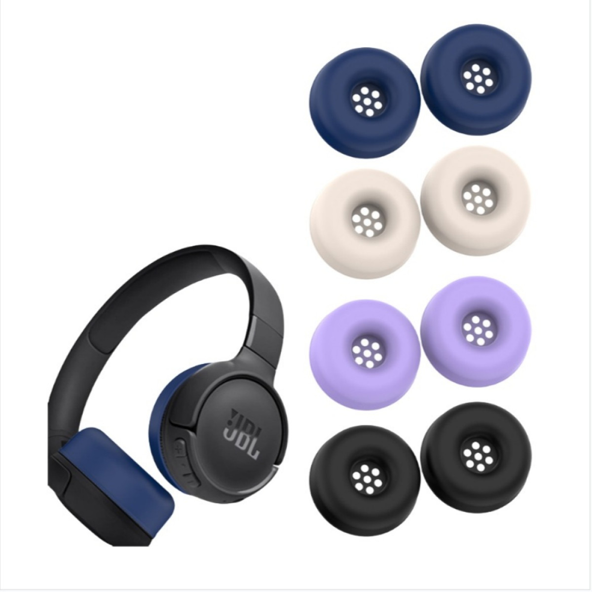 Cuffie con cuscinetti auricolari intercambiabili in blu, bianco, viola e nero.