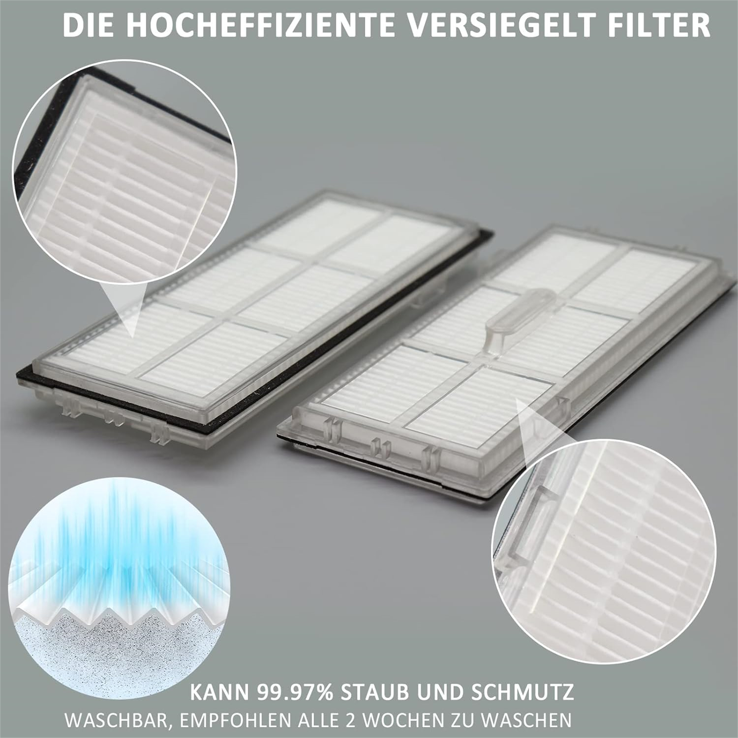 Nahaufnahme von zwei Roboter-Staubsaugerfiltern mit Details und Reinigungsanweisungen.
