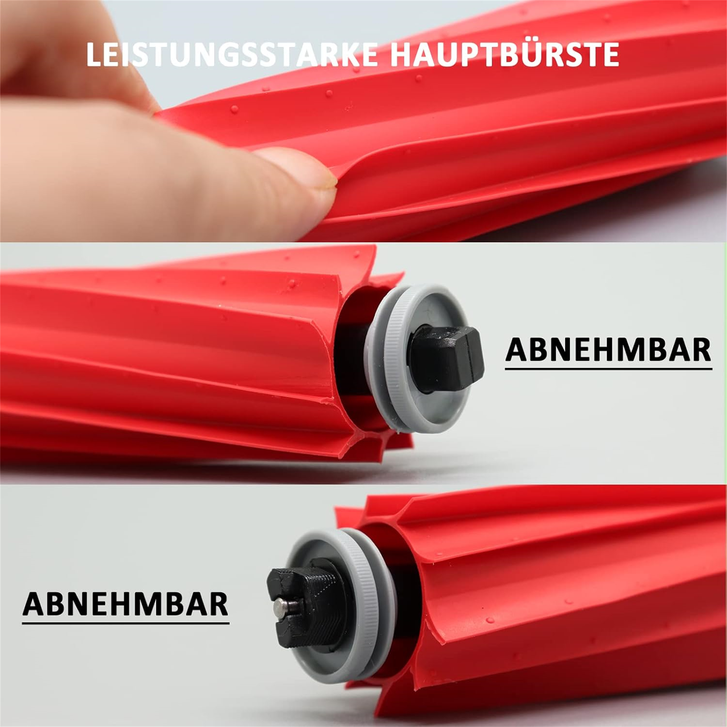Das Bild zeigt eine rote Staubsaugerbürste mit abnehmbaren Teilen, die ihr Design und ihre Funktionalität hervorhebt.