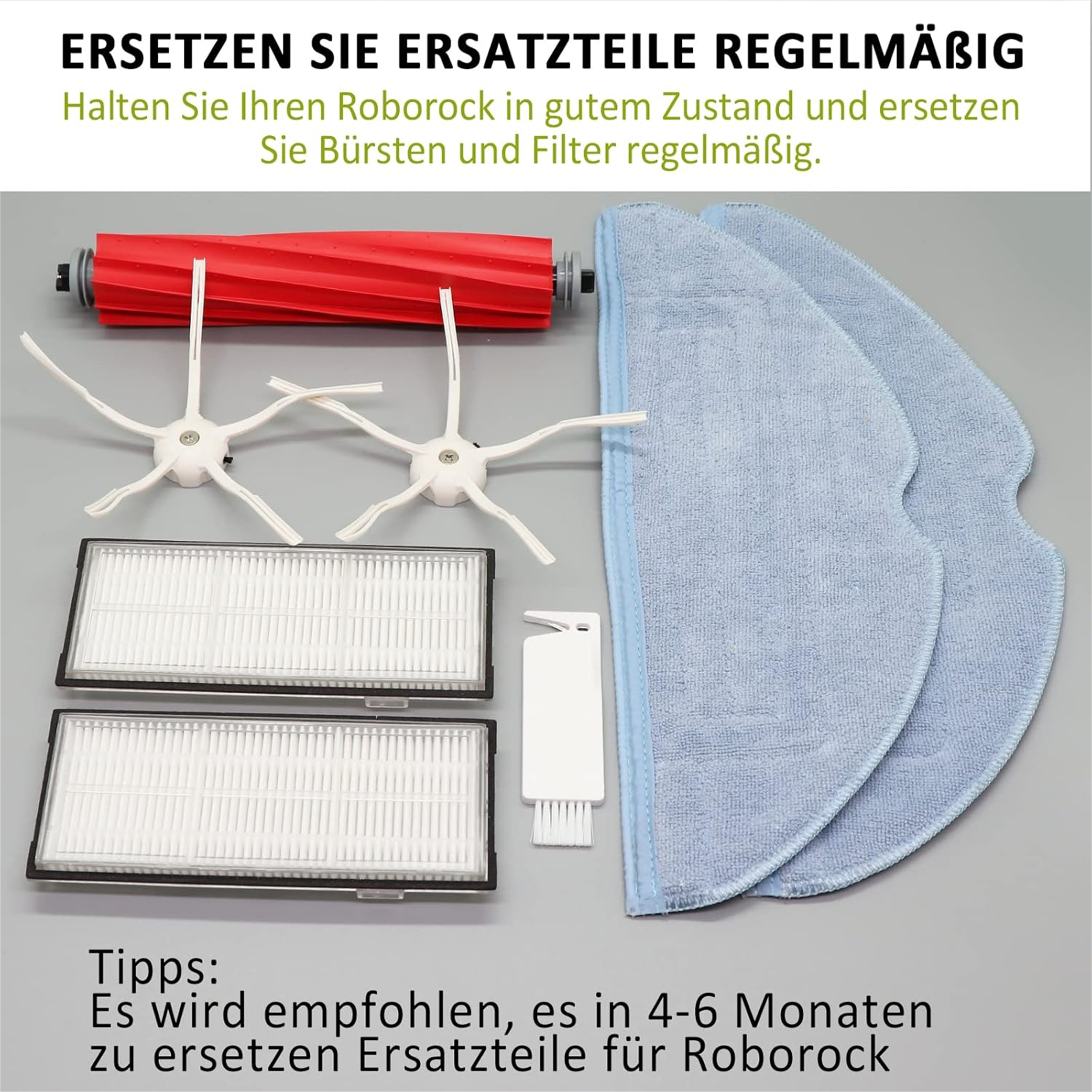 Das Bild zeigt Roborock-Ersatzteile: eine rote Bürste, weiße Seitenbürsten, Filter und blaue Reinigungstücher.