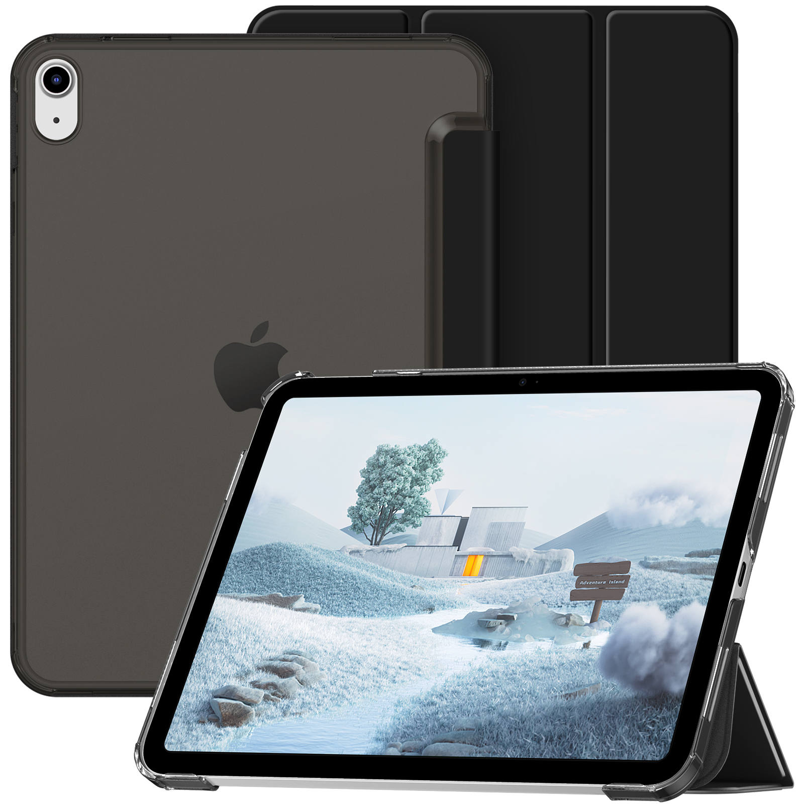 iPad in einer transparenten Hülle mit Landschaftsbild auf dem Bildschirm und einer schwarzen Hülle an der Seite. Weißer Hintergrund.