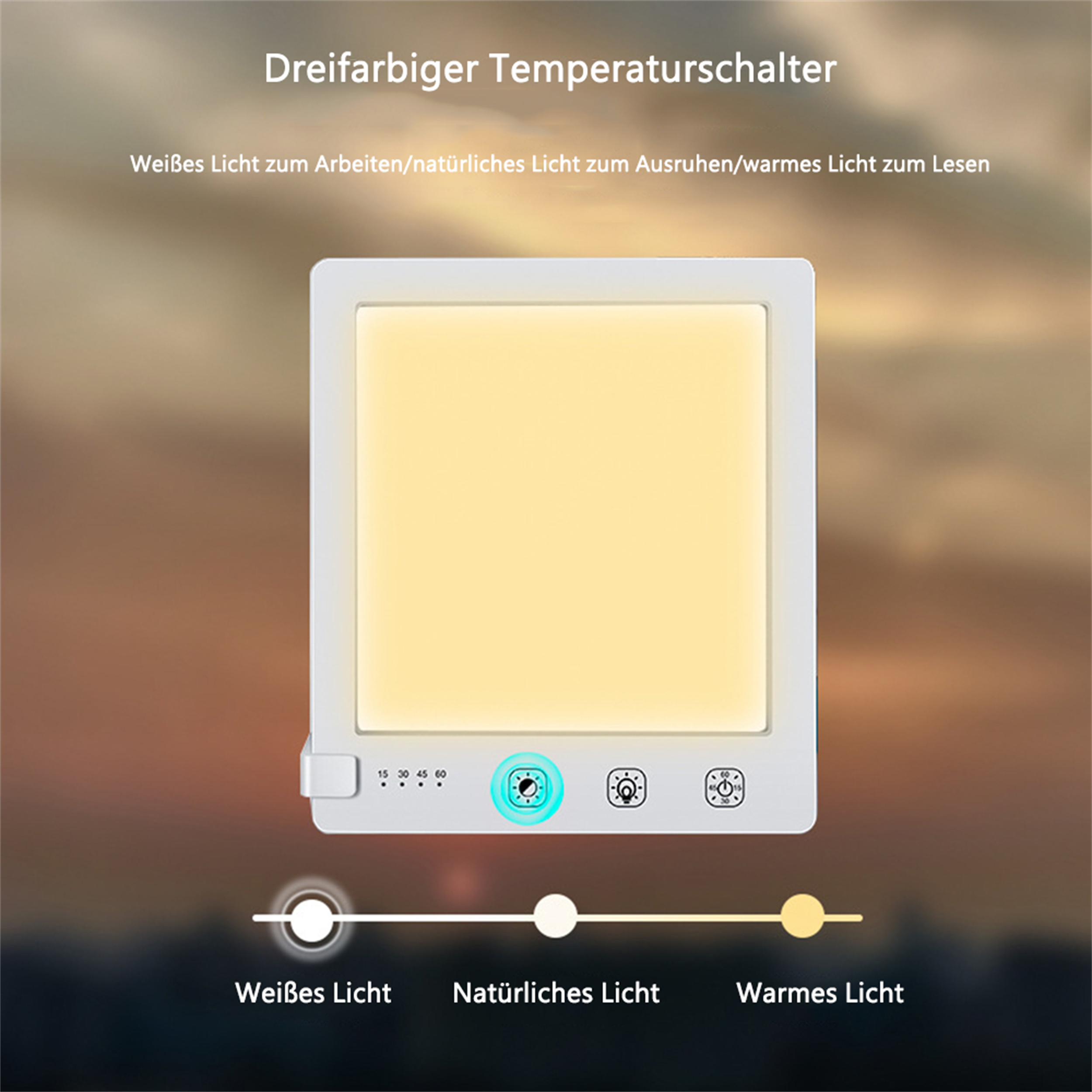 Beleuchtete Therapielampe, die verschiedene Farbtemperaturen von Weiß bis Warm zeigt, mit Touch-Bedienelementen an der Basis.