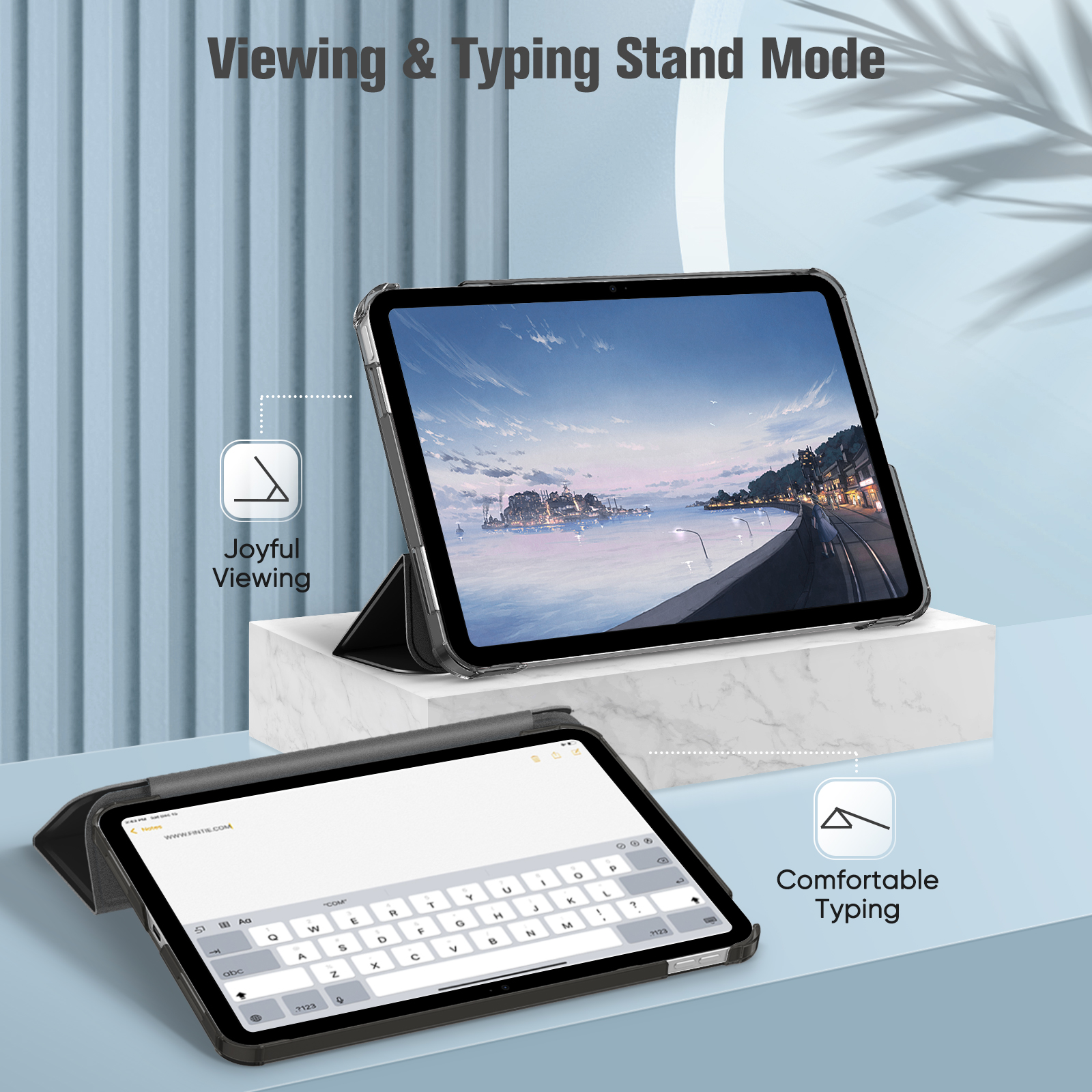 Zwei Tablets im Betrachtungs- und Tippstandmodus, die ergonomisches Design für eine komfortable Nutzung zeigen.