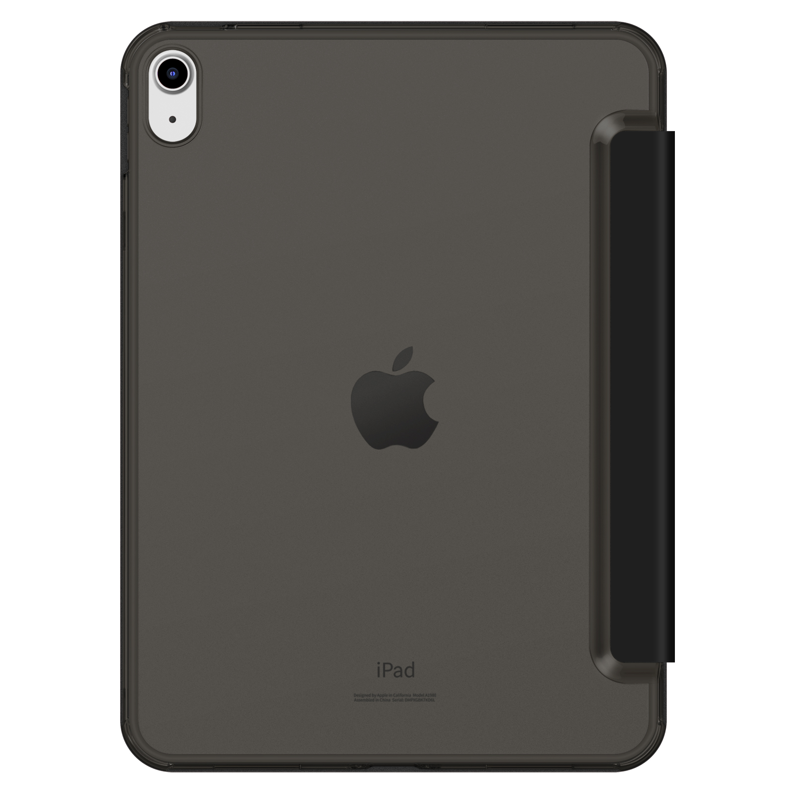 Tablet in einer dunkelgrauen Hülle, die das Rückseitendesign mit einem Apple-Logo, einer Kamera und präzisen Aussparungen zeigt.
