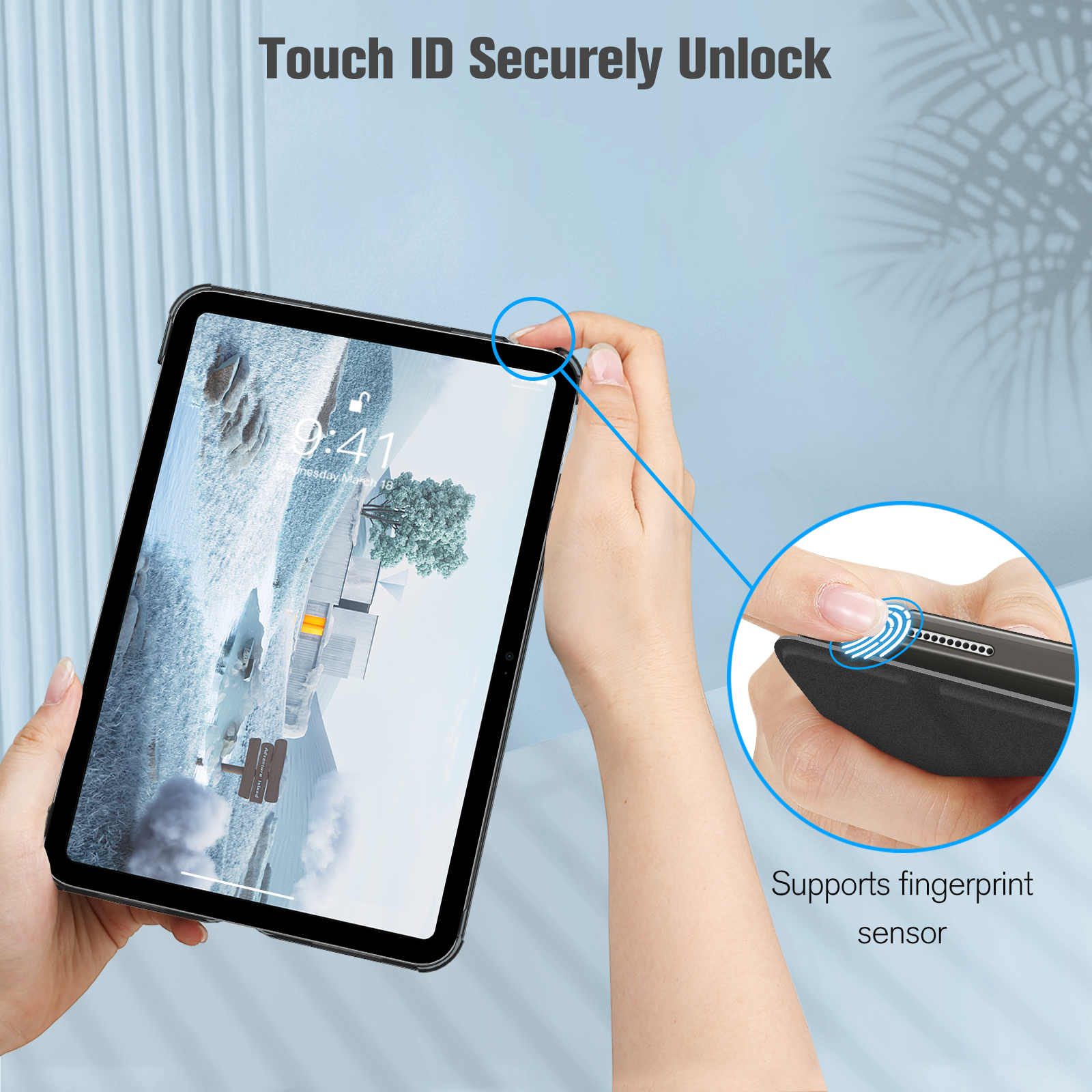 Eine Hand hält ein Tablet, das eine Winterszene zeigt. Ein Fingerabdrucksensor ist zur sicheren Entsperrung hervorgehoben.
