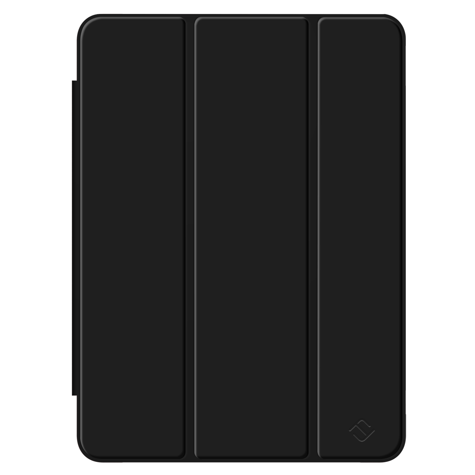 Eine schwarze Tablet-Hülle wird angezeigt, die ein dreifach gefaltetes Design und ein dezentes Logo an der Unterseite aufweist.