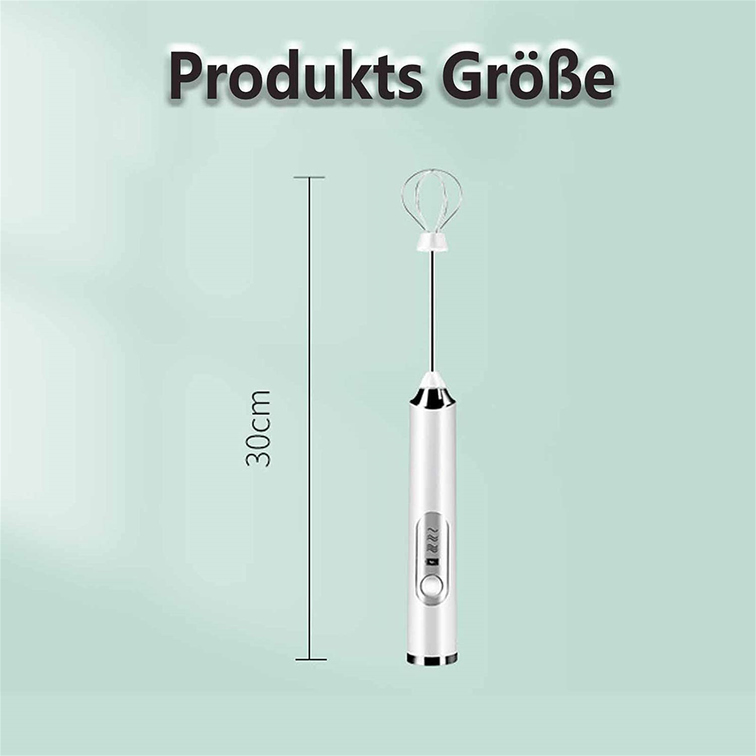 Ein 30 cm großer, weißer elektrischer Aufschäumer mit silberner Spitze und einem Schneebesenaufsatz. Text weist auf die Produktgröße hin.