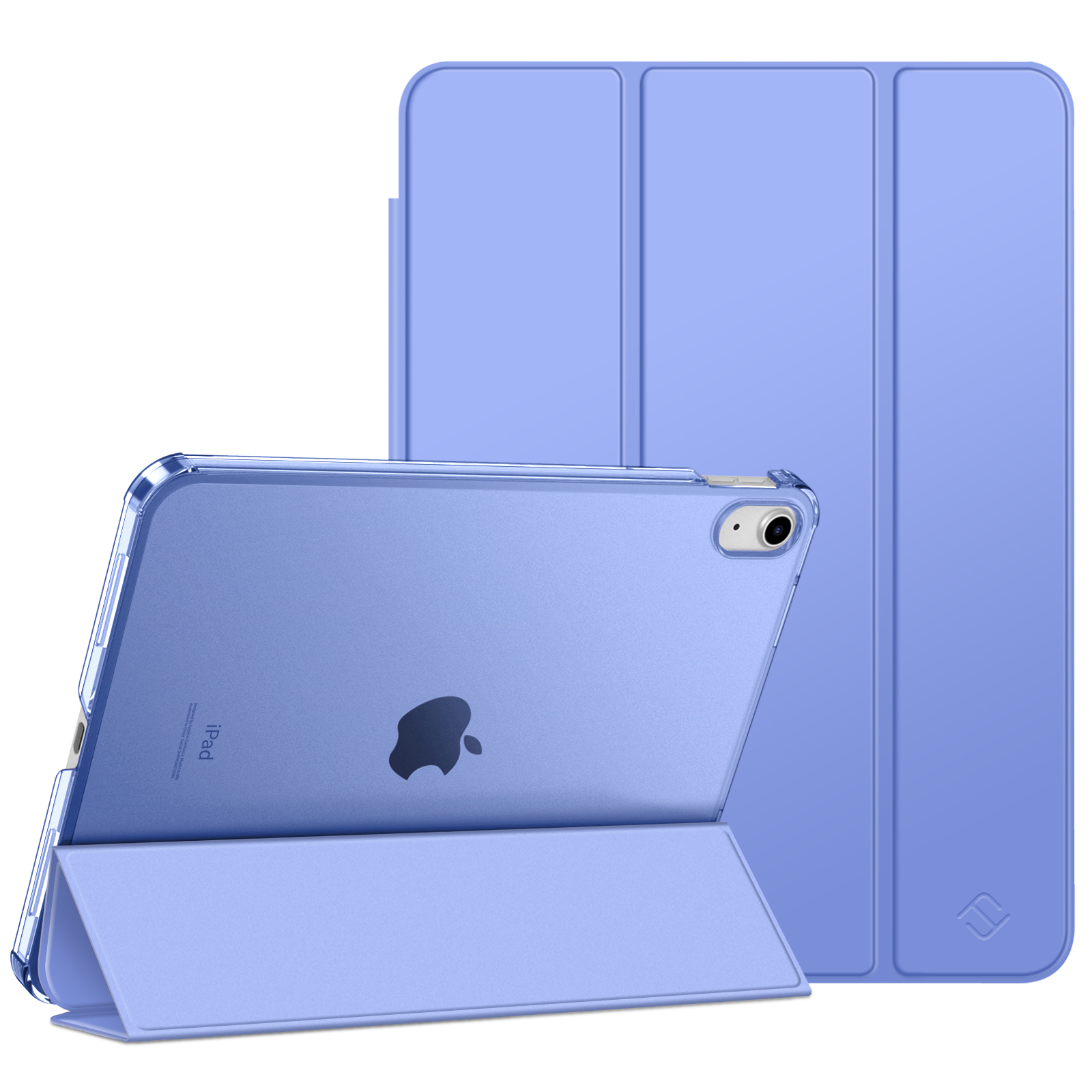 Ein blaues iPad in einer durchsichtigen Schutzhülle, das von seiner faltbaren blauen Hülle gegen eine andere blaue Hülle gestützt wird.