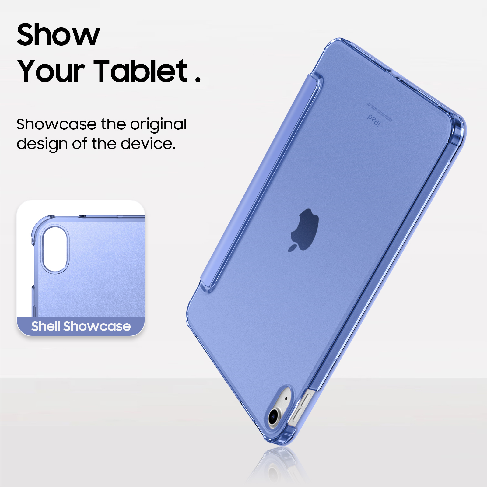 Ein blaues iPad mit einer durchsichtigen Hülle ist abgewinkelt, um das ursprüngliche Design des Geräts zu präsentieren.