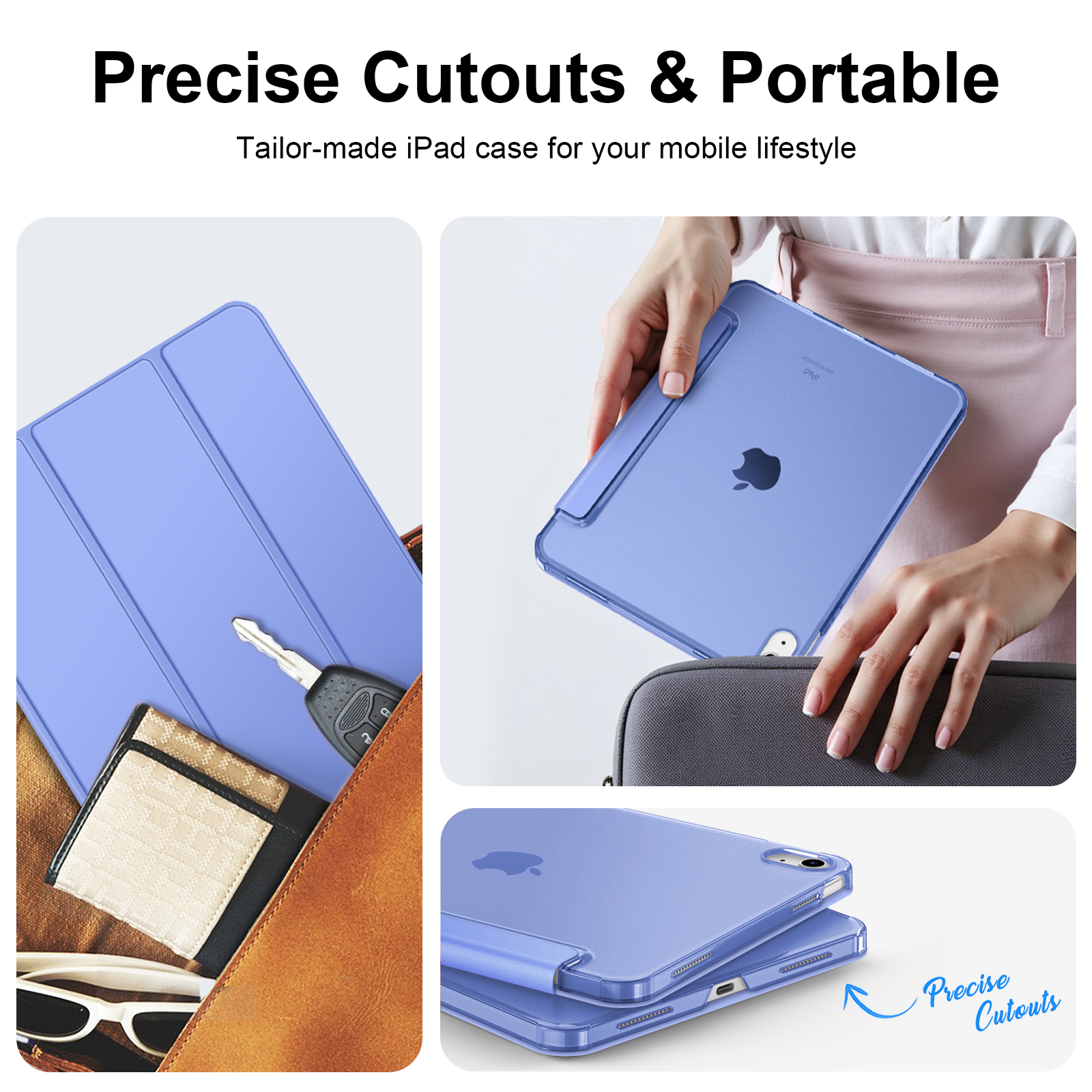Collage eines blauen iPads in einer durchsichtigen Hülle in einer Tasche, das präzise Ausschnitte und Portabilität zeigt.