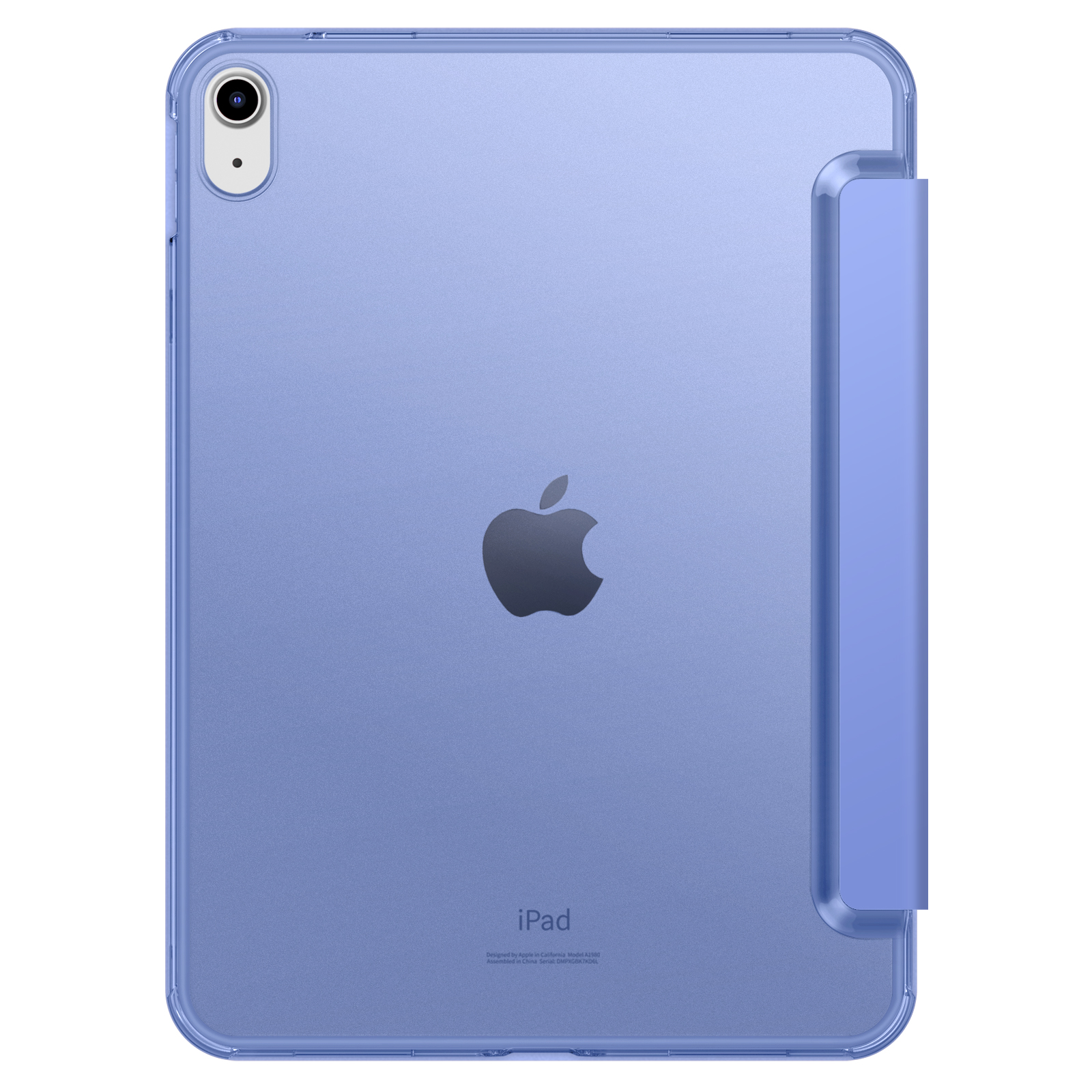 Ein blaues iPad in einer durchsichtigen Hülle wird von hinten betrachtet, wobei das Apple-Logo und das Design hervorgehoben werden.