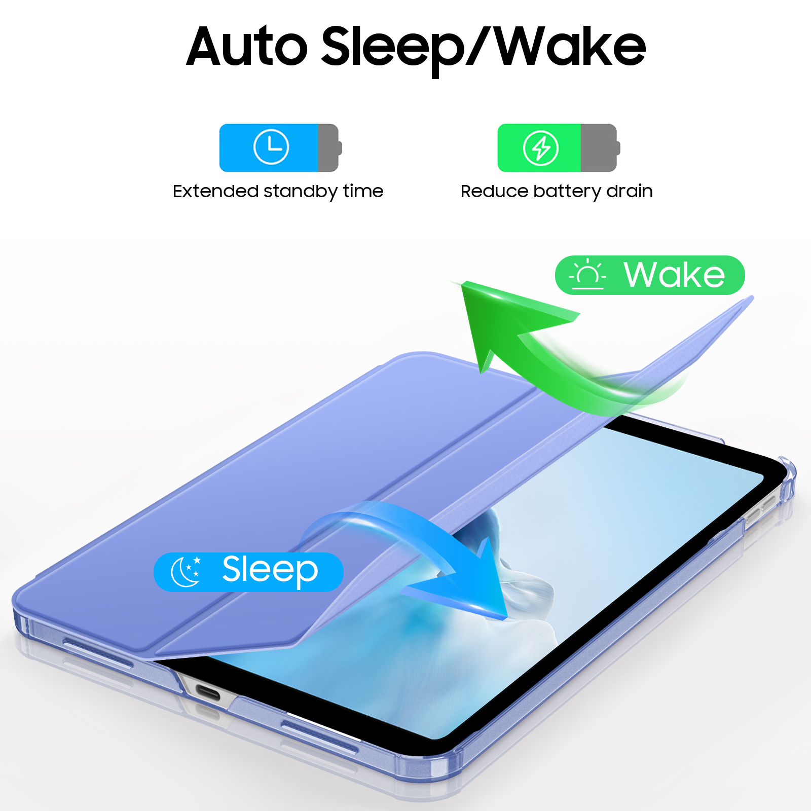 Lila Tablette mit Auto-Sleep/Wake-Funktion, dargestellt mit Pfeilen, die Schlaf- und Aufwachmodus anzeigen.