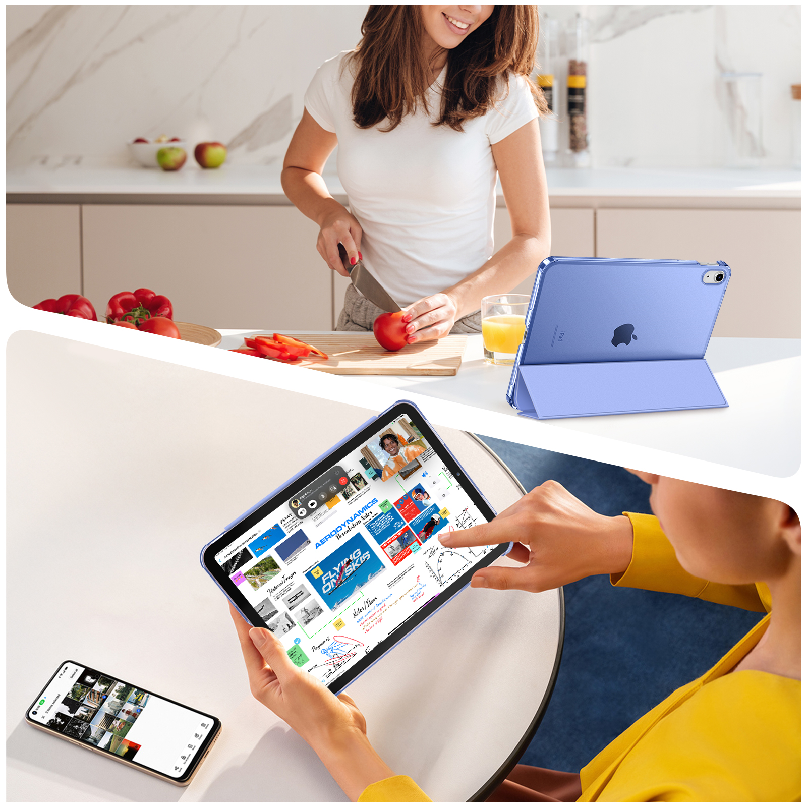 Das Bild zeigt Menschen, die Tablets in einer Küche und einem Büro verwenden. Ein Tablet wird beim Kochen verwendet.