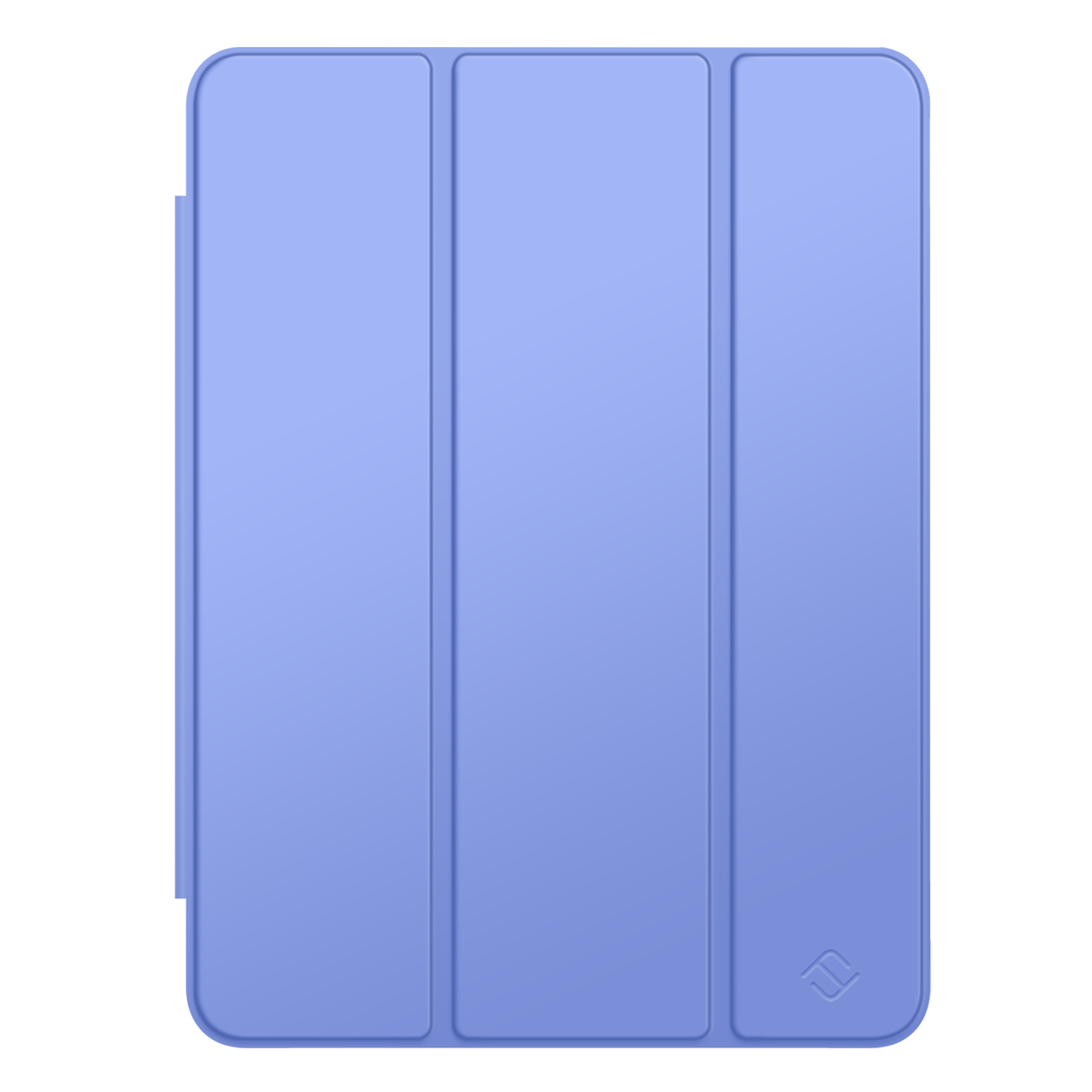 Das Bild zeigt eine hellblaue Tablet-Hülle mit einem dreifachen Design und einem kleinen Logo in der Ecke.