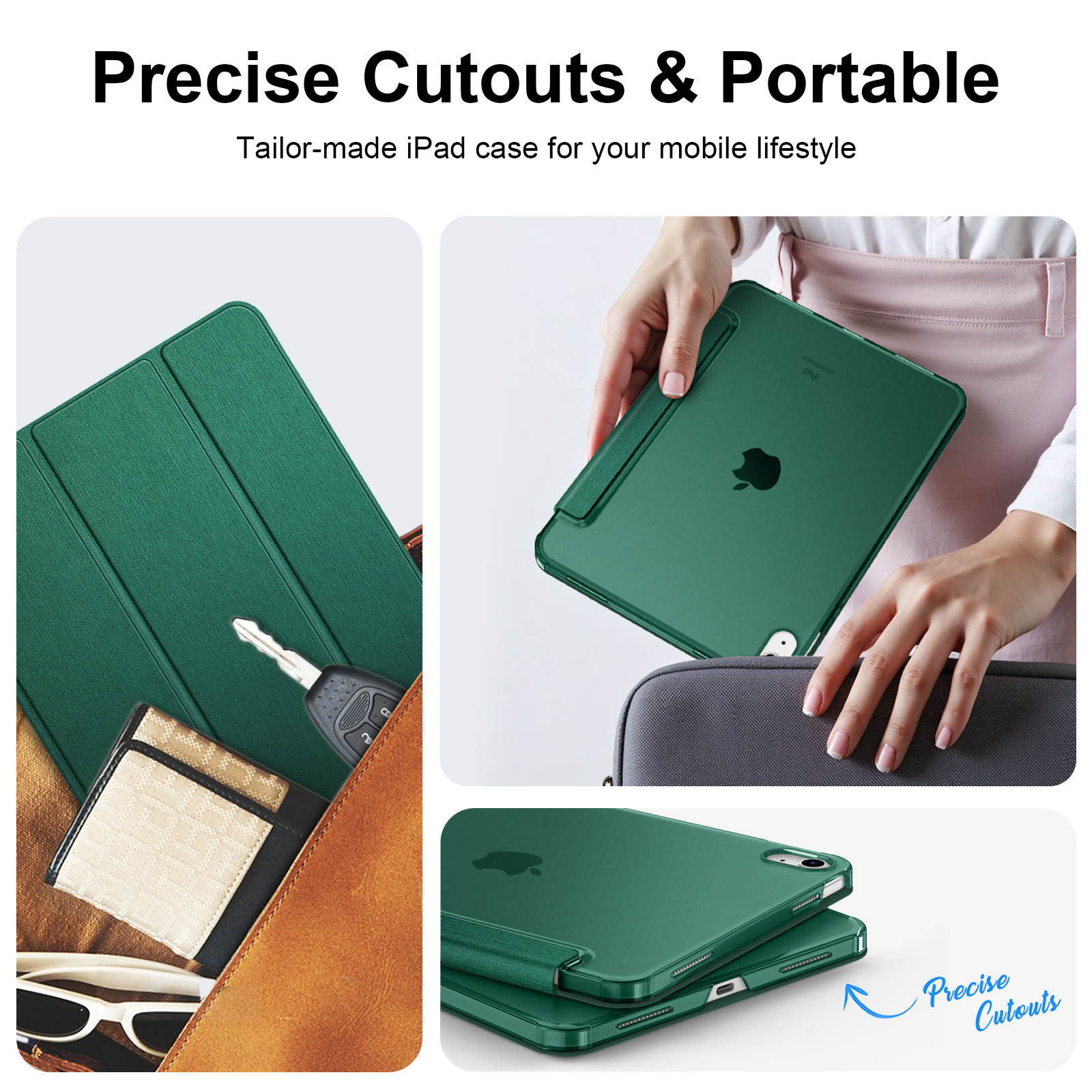 Ein grünes iPad in einer transparenten Hülle wird in mehreren Kontexten gezeigt: in einer Tasche, in der Hand gehalten und mit Ausschnitten.