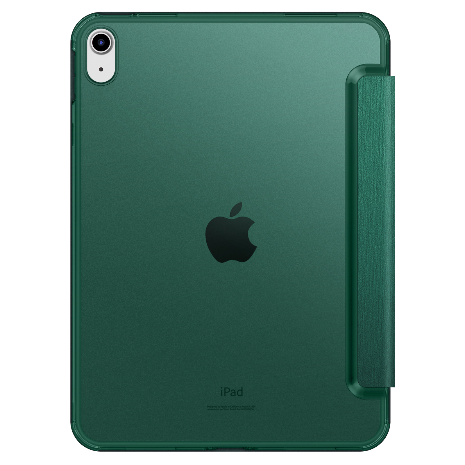 Das Bild zeigt die Rückseite eines grünen iPads in einer transparenten Hülle, mit einer grünen Abdeckung und dem sichtbaren Apple-Logo.
