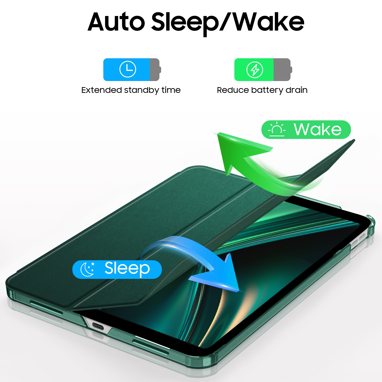 Grünes Tablet mit Auto-Sleep/Wake-Funktion, dargestellt mit Pfeilen, die Schlaf- und Aufwachmodus anzeigen.