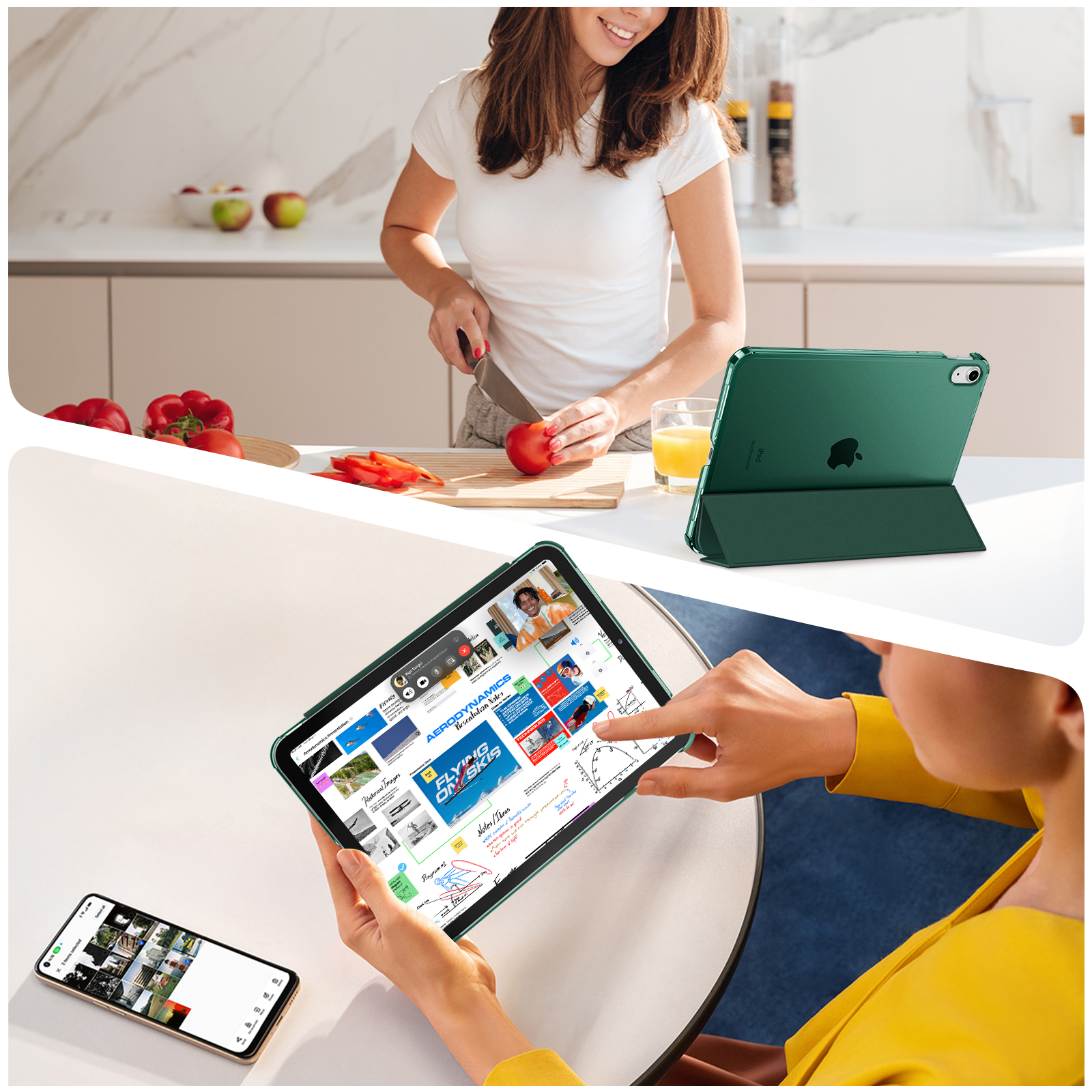 Das Bild zeigt Menschen, die Tablets in einer Küche und einem Büro verwenden. Ein Tablet wird beim Kochen verwendet.