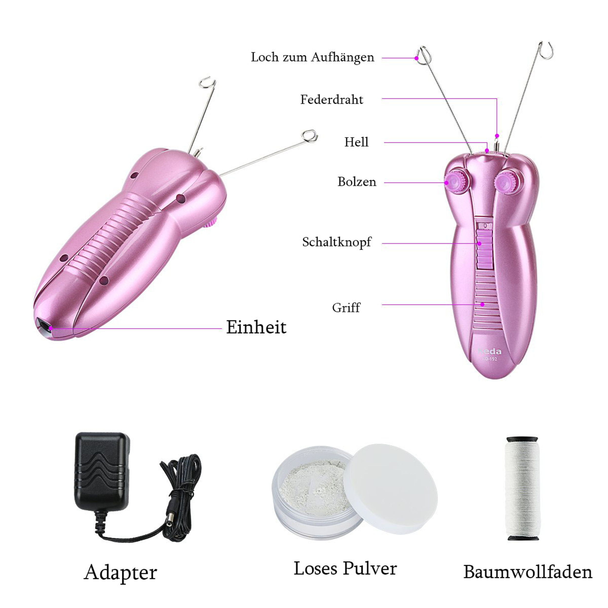 Komponenten des Keda KD-192 Haarentfernungswerkzeugs: Adapter, Puder, Baumwollfaden und das Werkzeug.
