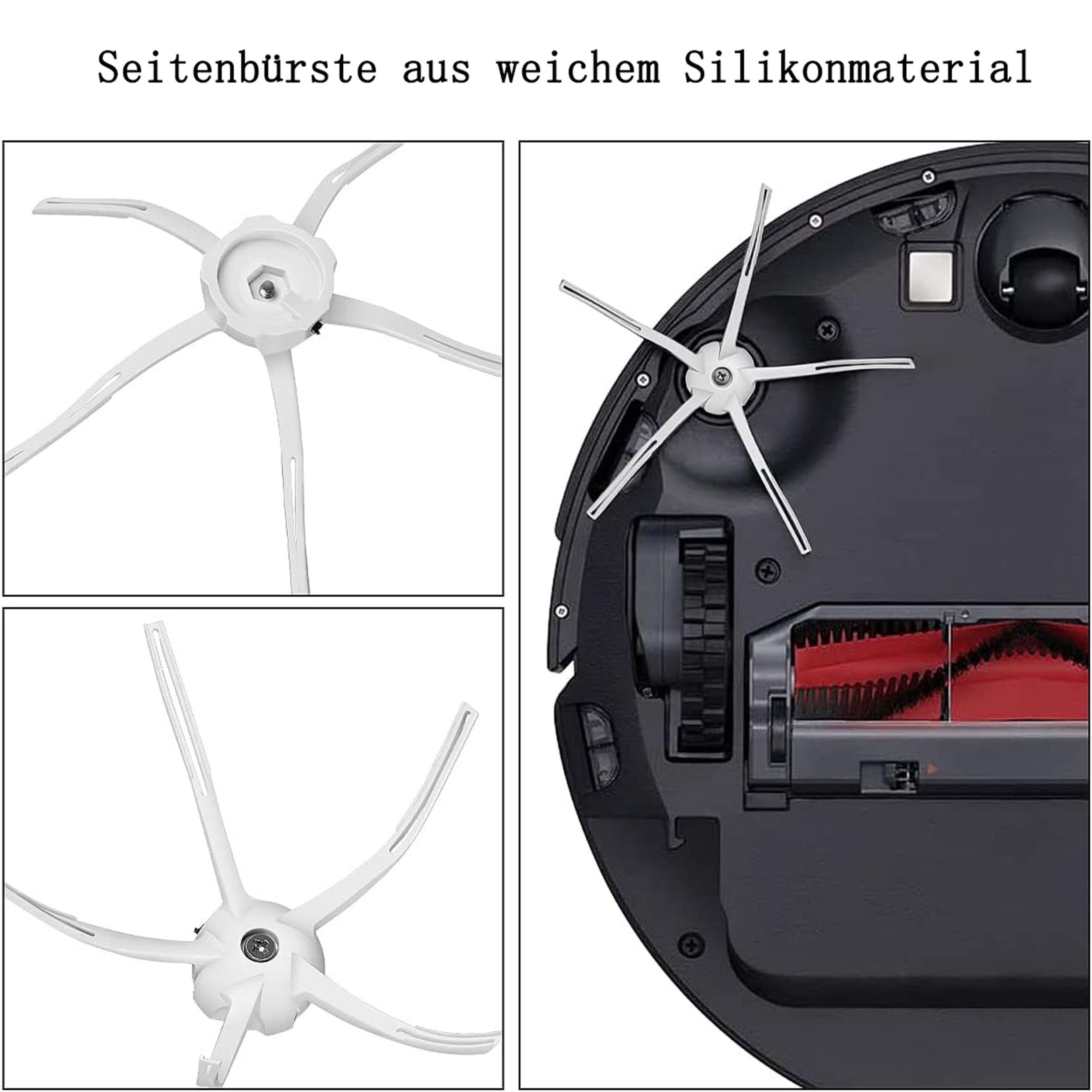 Nahaufnahmen der Seitenbürsten eines Roboterstaubsaugers und seiner Unterseite, Bürstendetails.