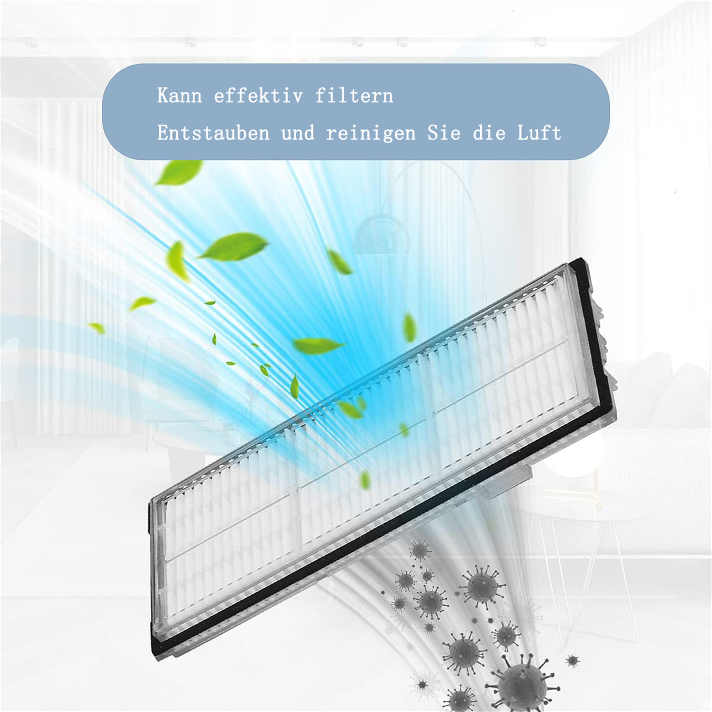 Ein Filter mit schwarzem Rahmen, mit Luftströmungen und Partikeln. Text: Kann effektiv filtern und die Luft reinigen.