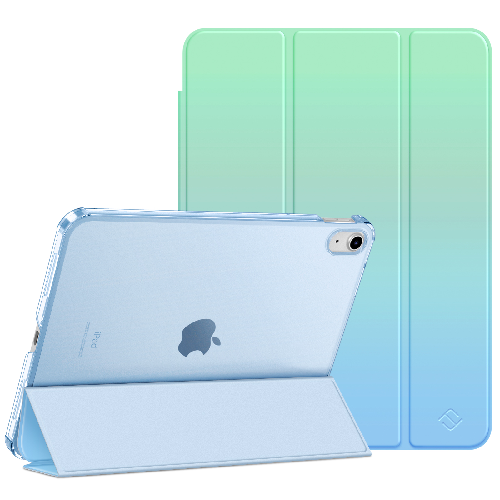 Ein iPad in einer blau-grünen Hülle. Die Hülle ist geöffnet und zeigt das iPad und sein Apple-Logo.