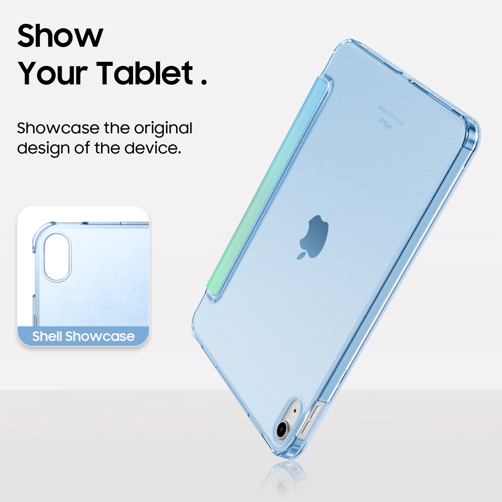 Ein iPad in einer blauen Hülle, in einem Winkel gezeigt. Text: Zeigen Sie Ihr Tablet. Das iPad hat ein Apple-Logo.