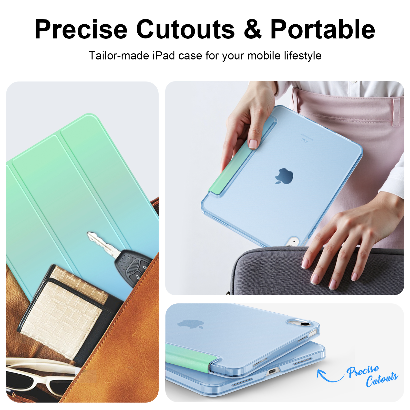 Ein iPad in einer Hülle, gezeigt mit präzisen Aussparungen und Portabilität. Die Hülle ist blau und grün.
