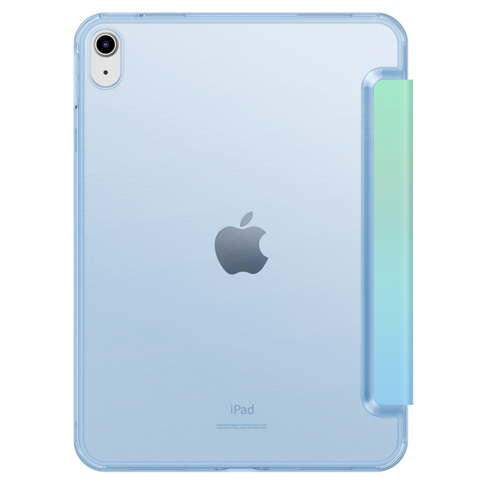 Die Rückseite eines blauen iPads mit einer grün-blauen Ombre-Hülle wird angezeigt.