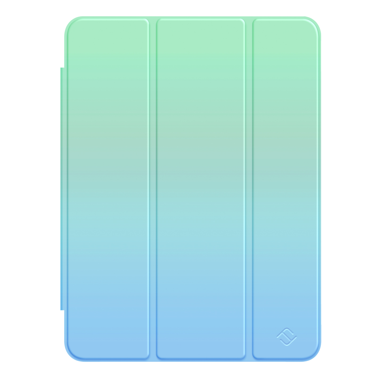 Eine hellgrüne und blaue Farbverlauf-iPad-Hülle wird auf weißem Hintergrund angezeigt.