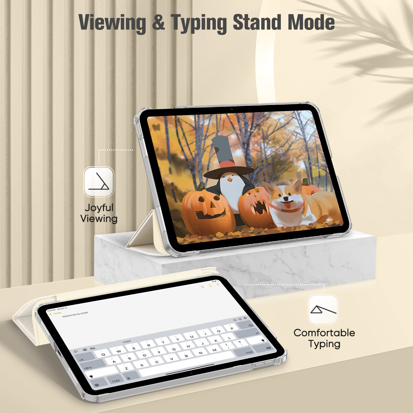 Zwei iPads im Standmodus zeigen Betrachtungs- und Tippwinkel vor beigem Hintergrund.