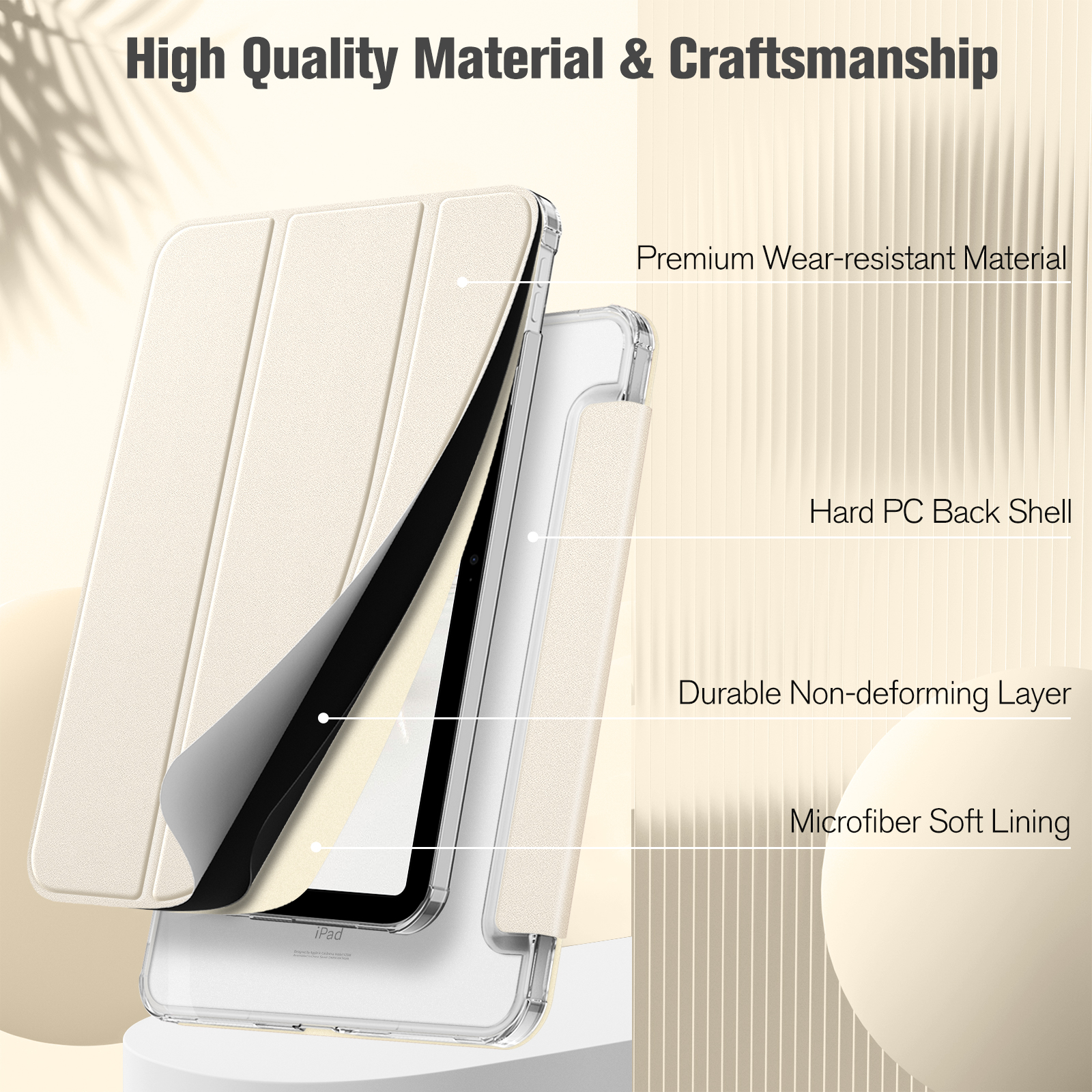 Ein iPad mit einem beigefarbenen Tri-Fold-Case zeigt Details zu Material und Verarbeitung.