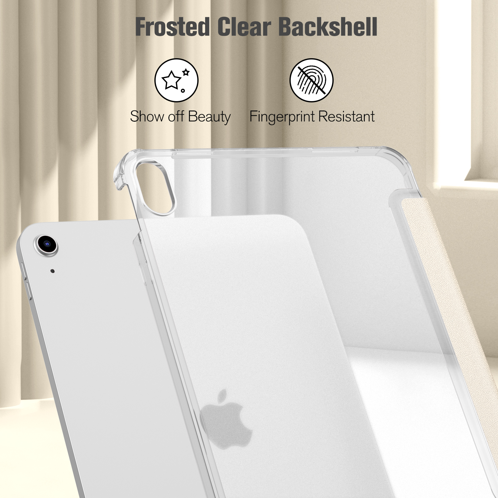 Ein iPad mit einer durchsichtigen Hülle zeigt ein mattiertes, fingerabdruckfestes Design.